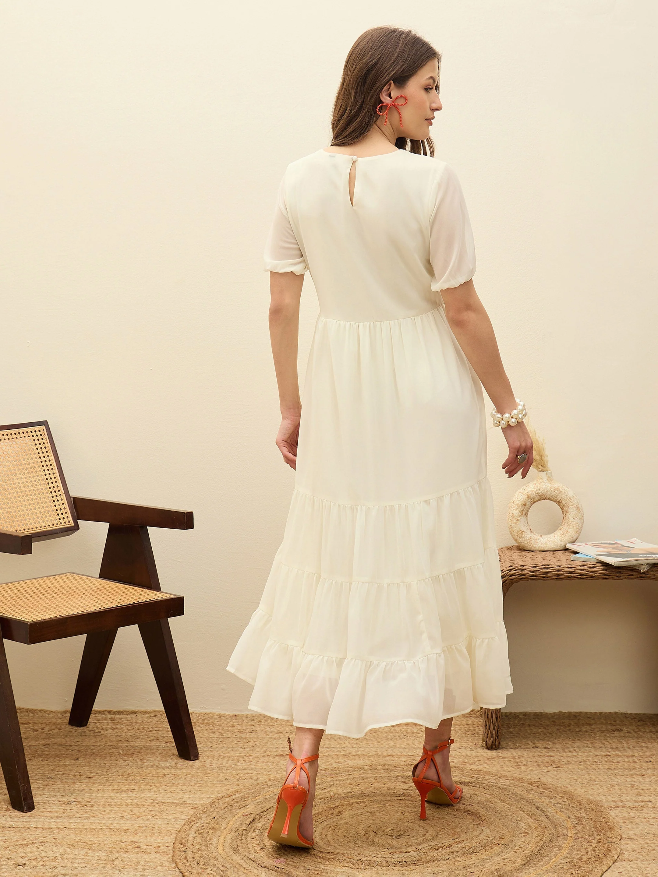 Women White Solid Tiered Maxi Dress - Image 5