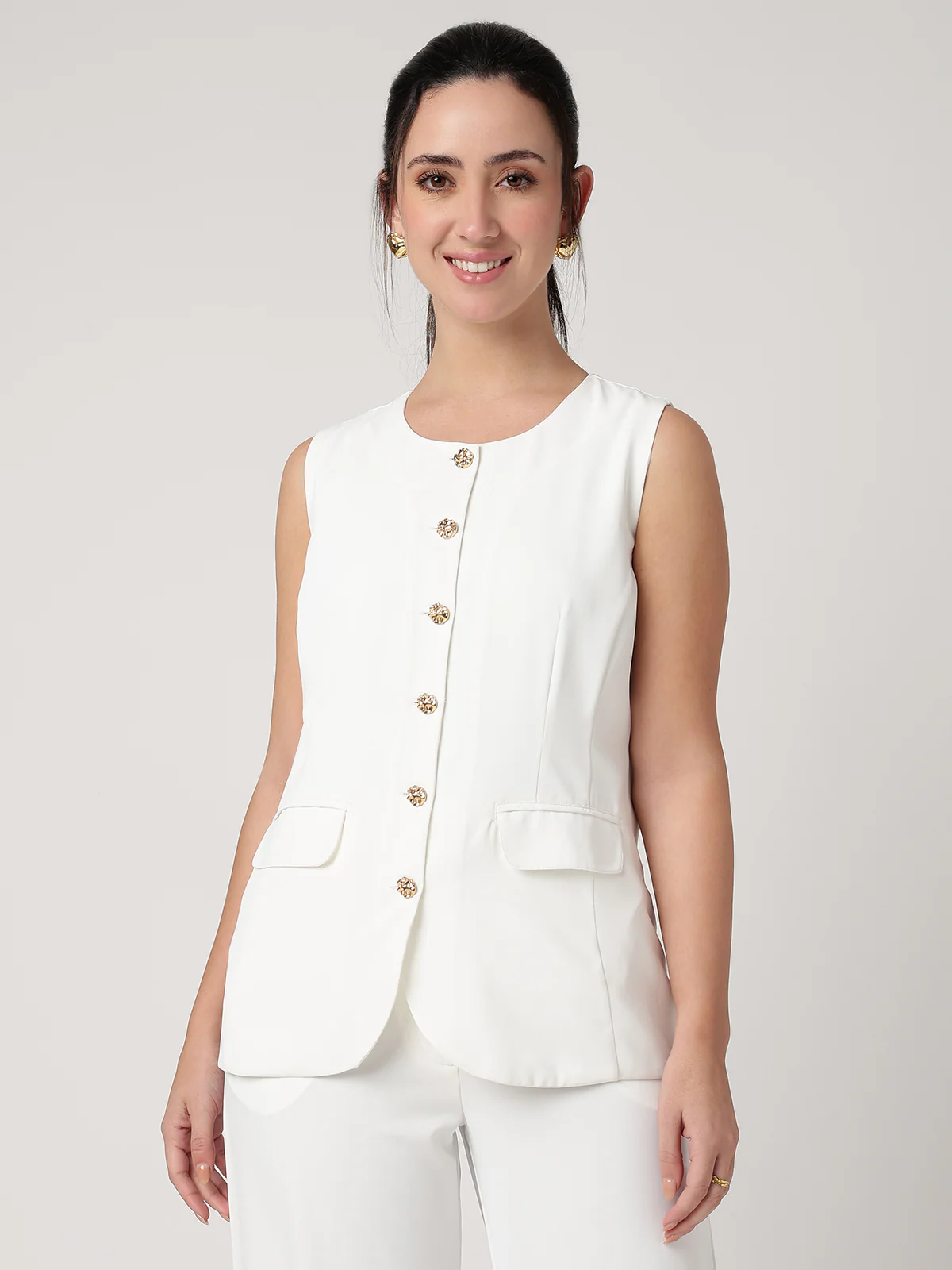 Women White Solid Waistcoat