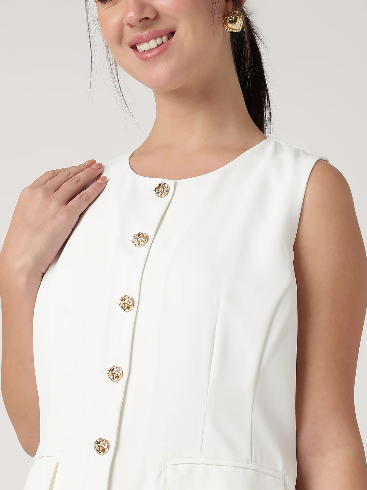 Women White Solid Waistcoat - Image 3