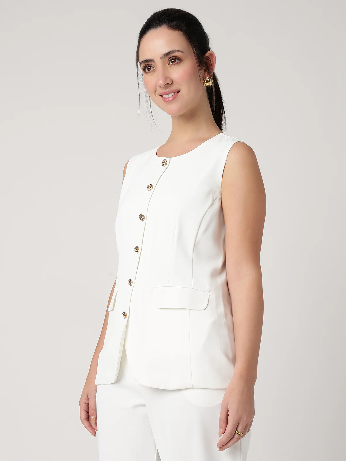 Women White Solid Waistcoat - Image 4