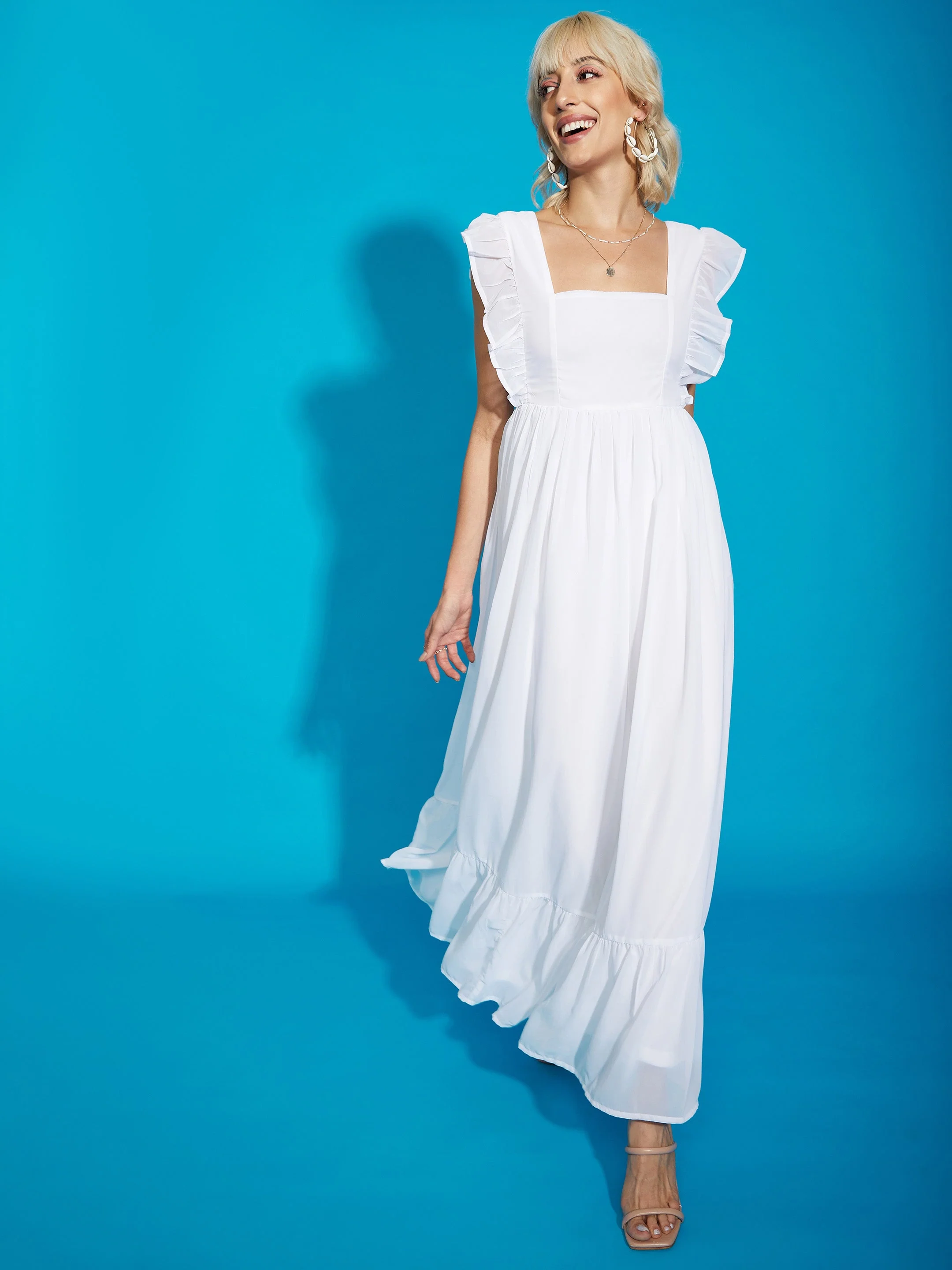 Women White Square Neck Frill Hem Maxi Dress - Image 3