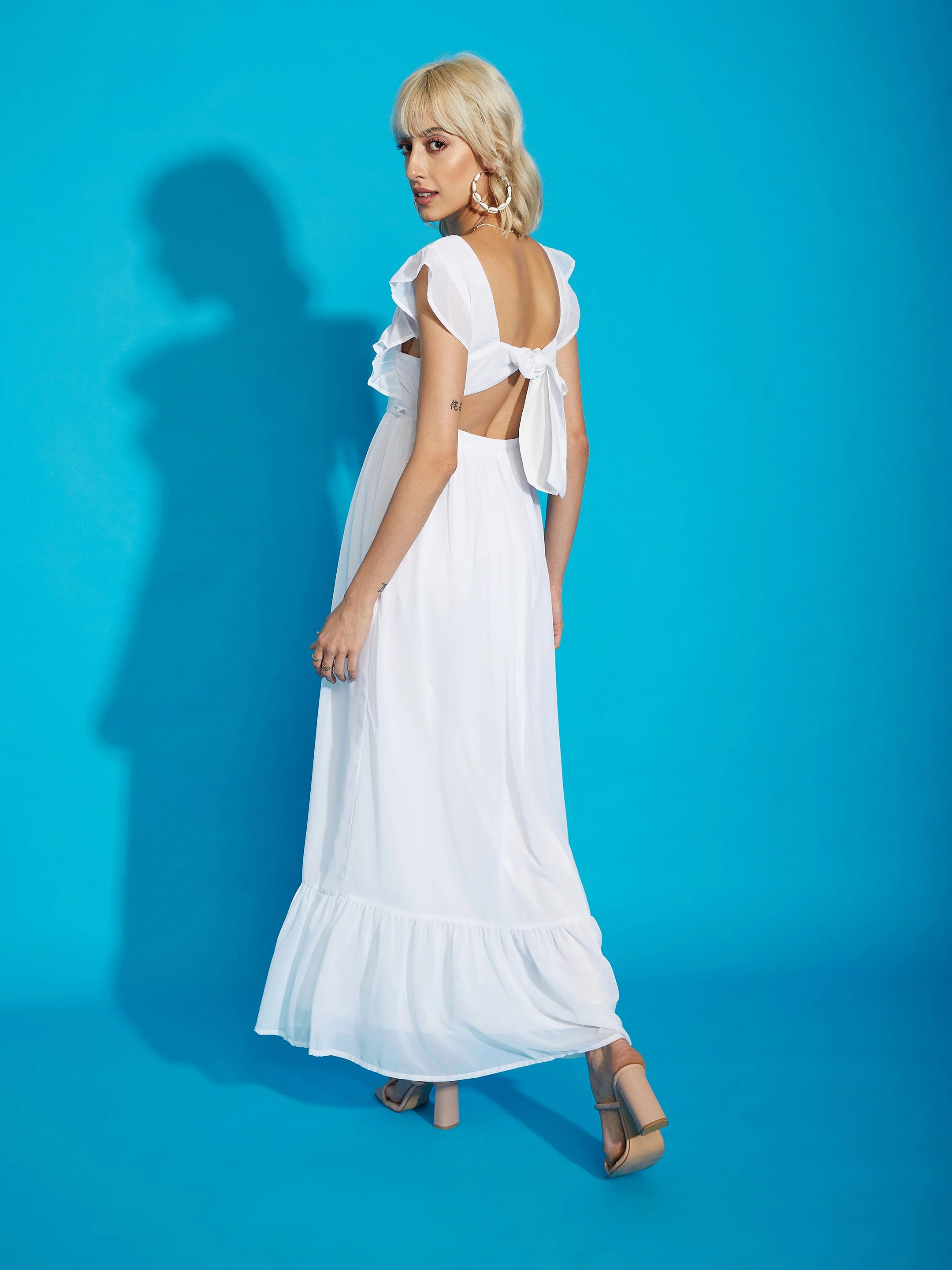 Women White Square Neck Frill Hem Maxi Dress - Image 5