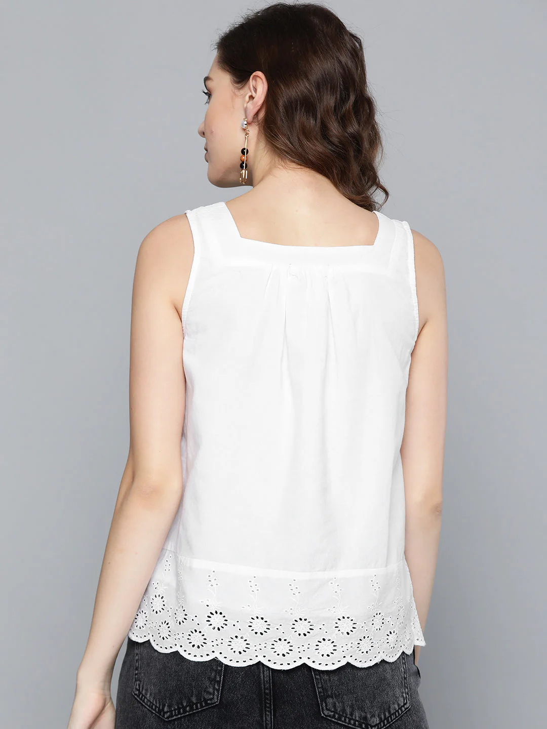 Women White Square Neck Schiffli Blouse - Image 3