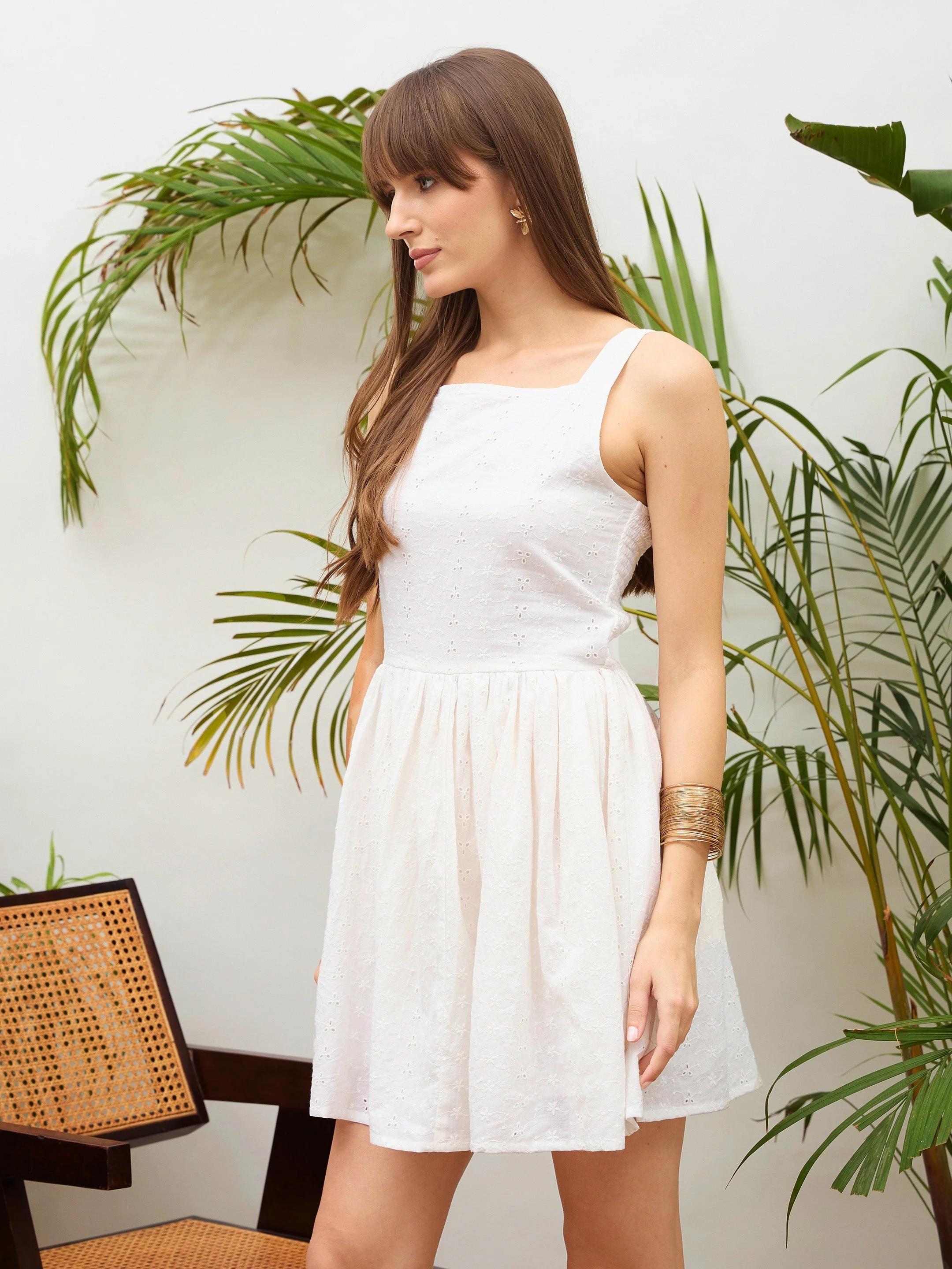 Women White Square Neck Strappy Short Dress - Image 3