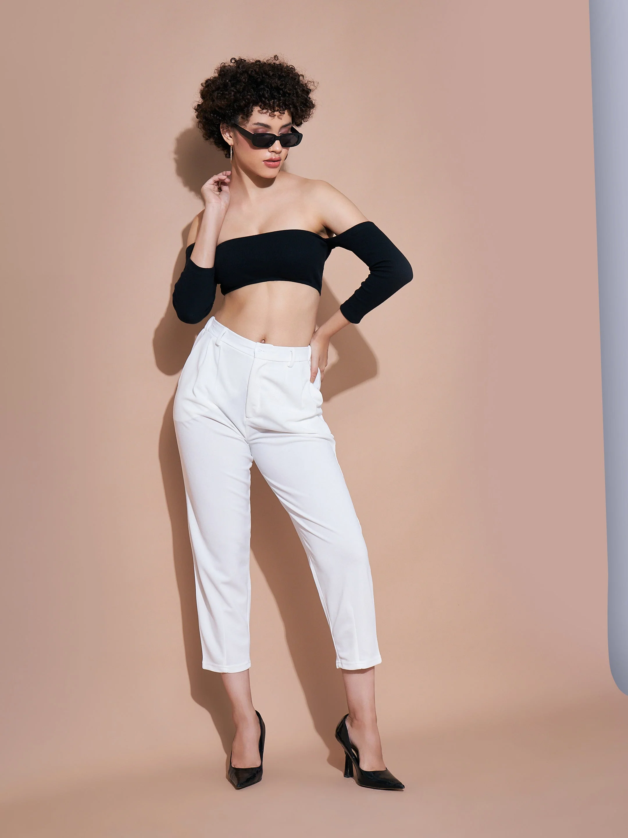Women White Stretch Knit Tapered Pants - Image 2