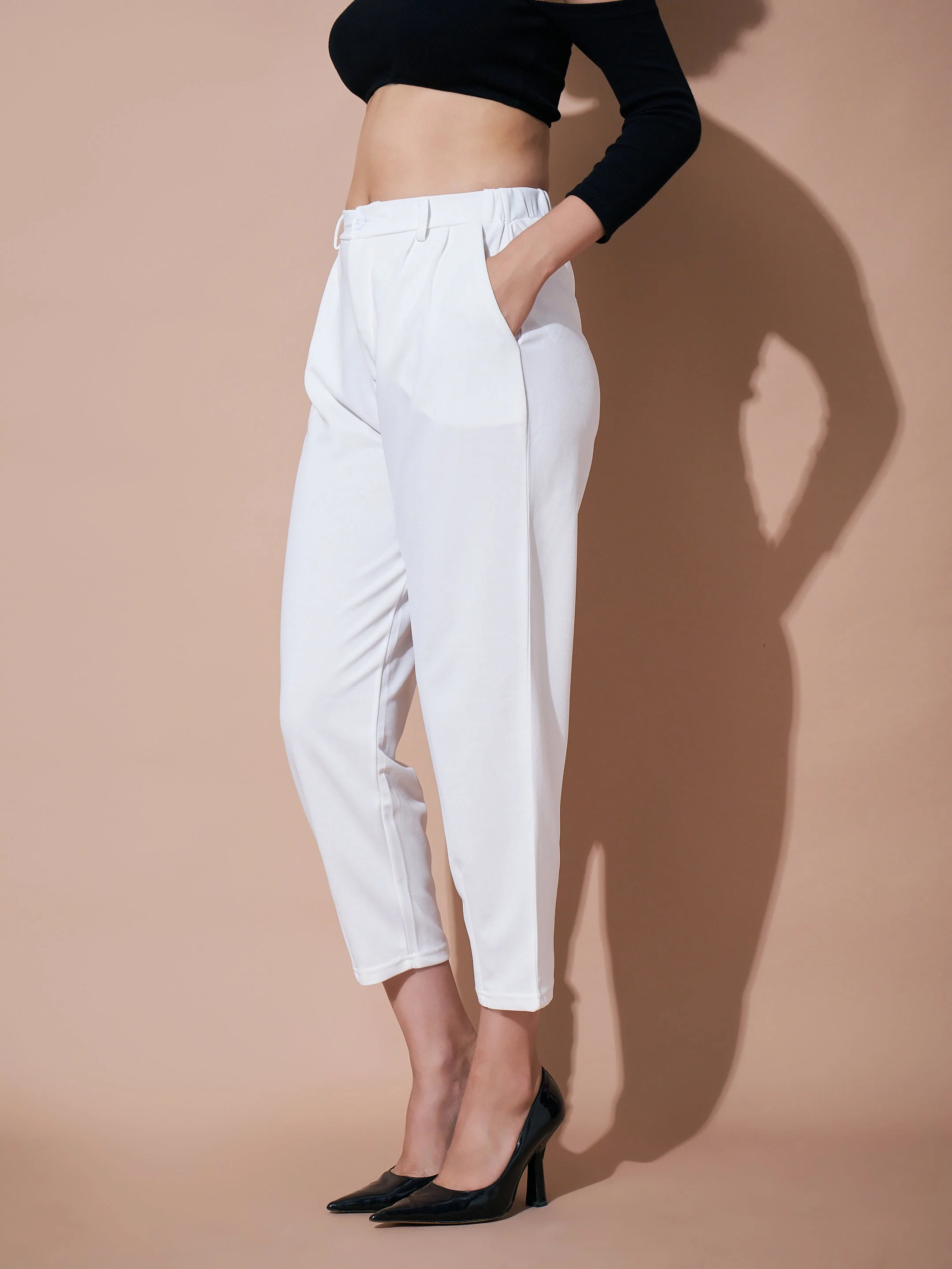 Women White Stretch Knit Tapered Pants - Image 3