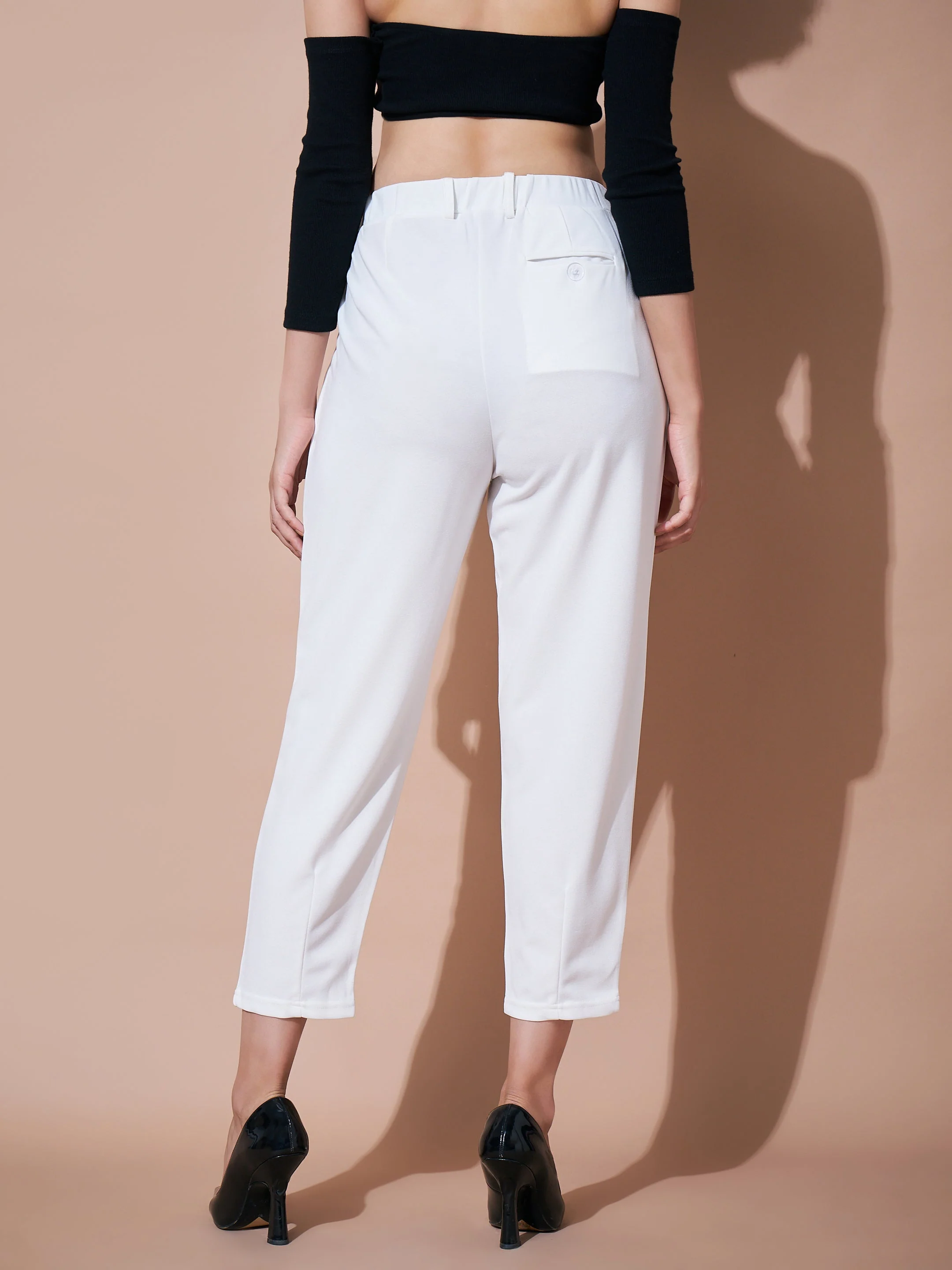 Women White Stretch Knit Tapered Pants - Image 5