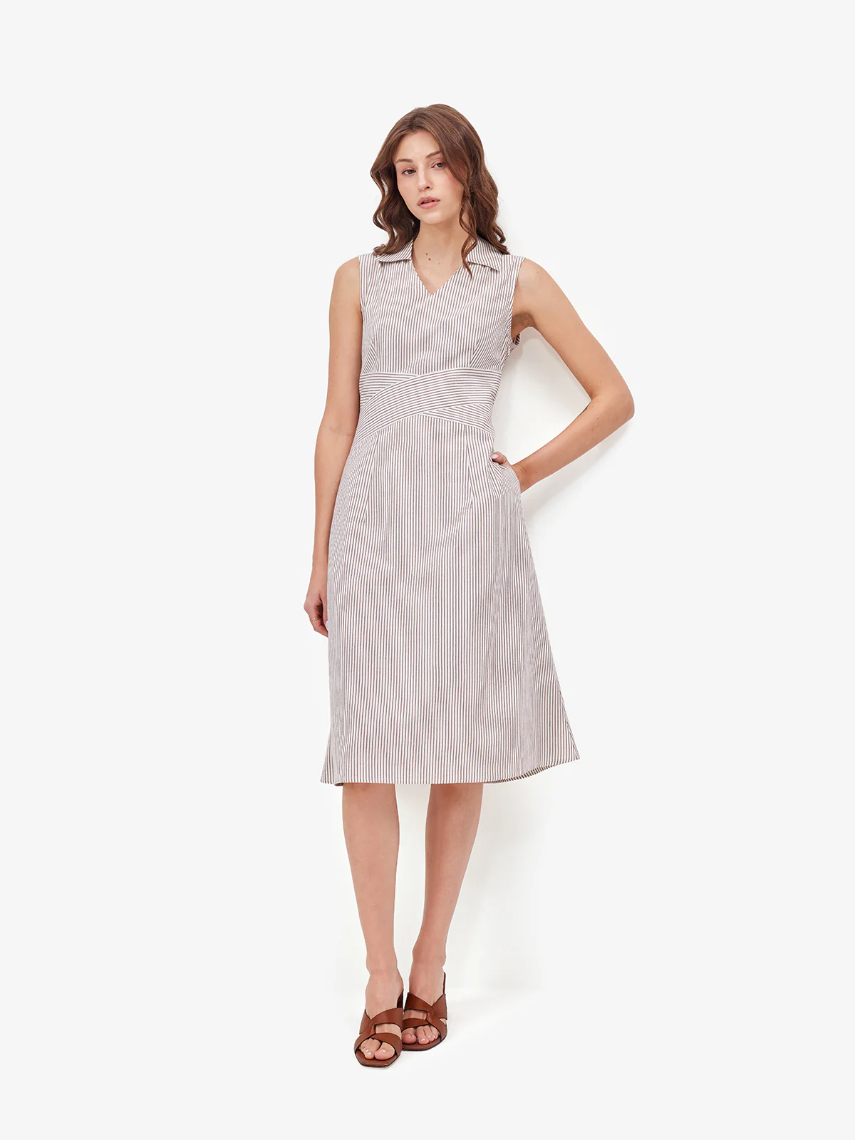 Women White Striped Midi Dress - Image 5