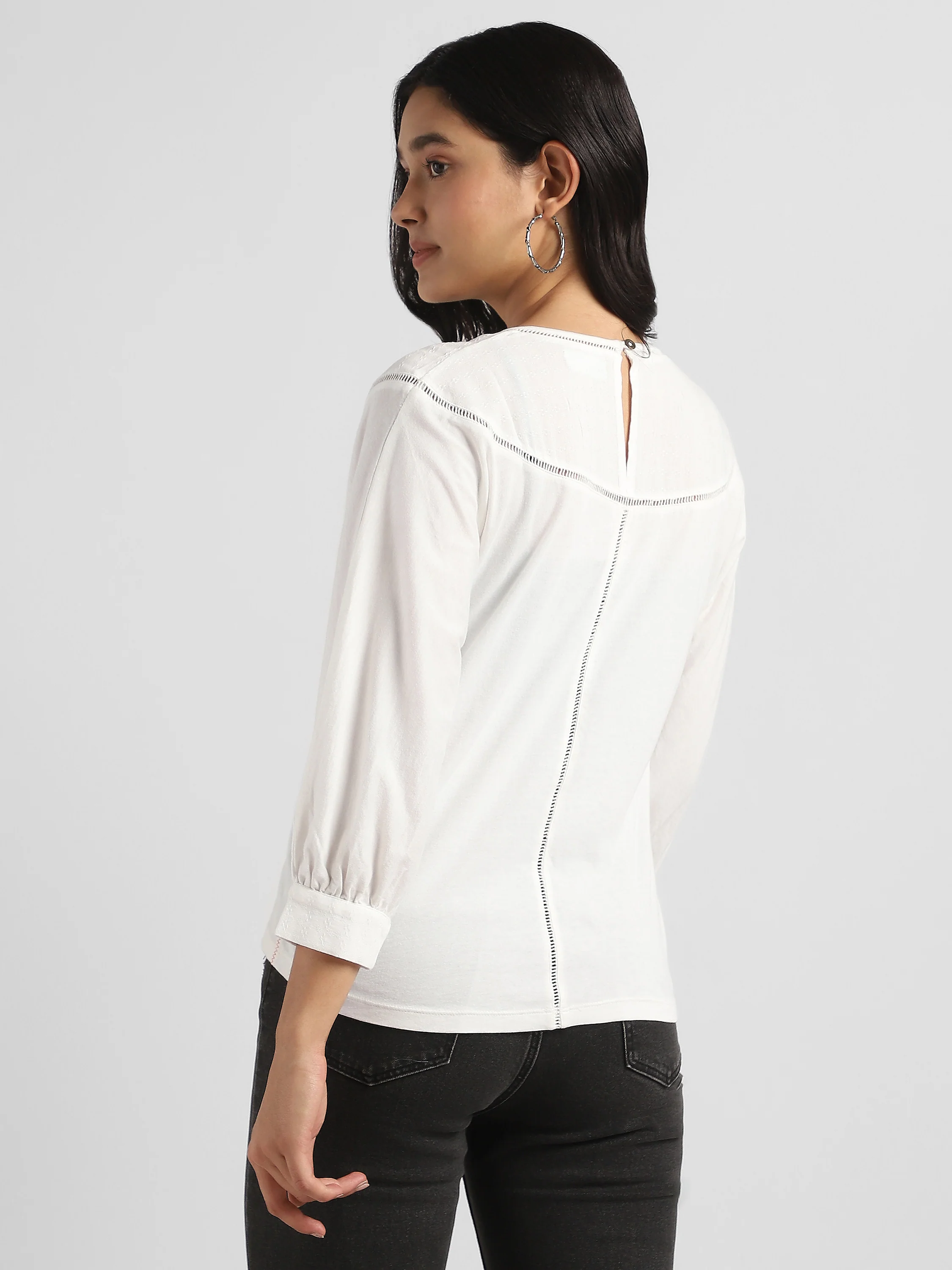 Women White Elegant Top with Balloon Sleeves and Lace Inserts - Image 2