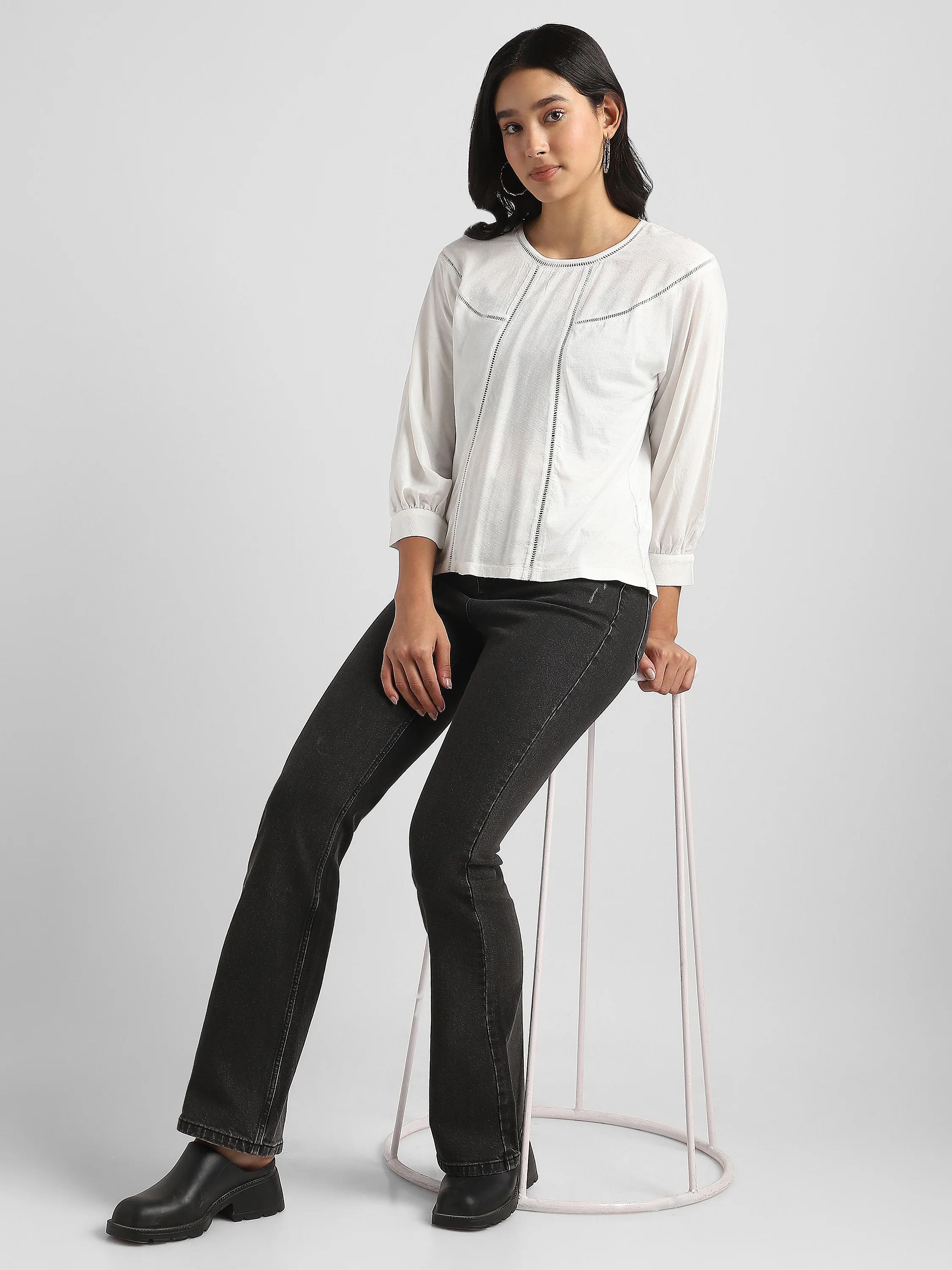 Women White Elegant Top with Balloon Sleeves and Lace Inserts - Image 3