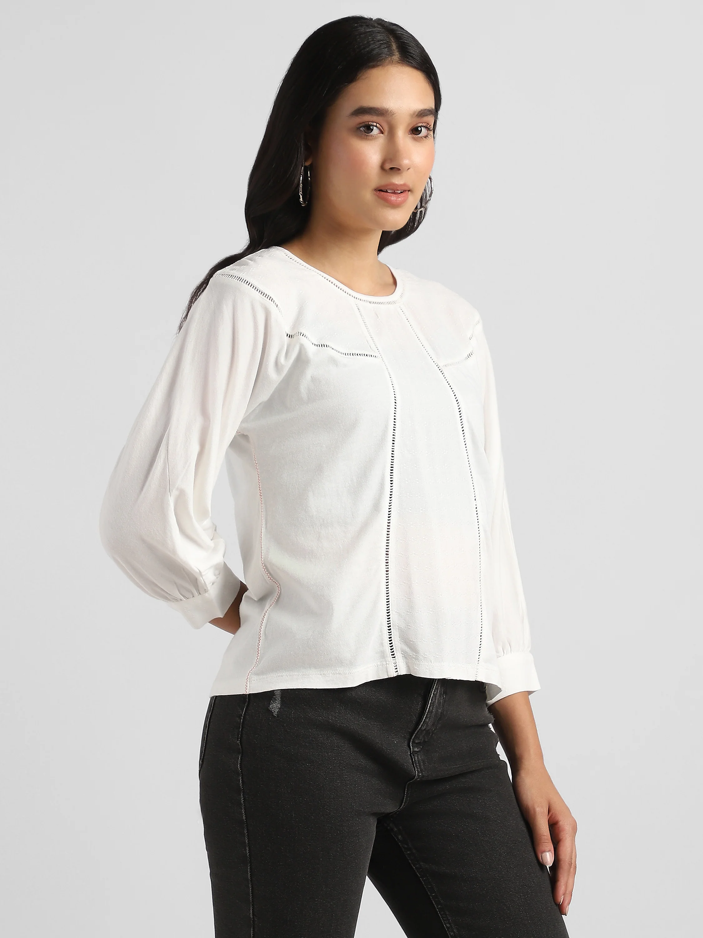 Women White Elegant Top with Balloon Sleeves and Lace Inserts - Image 4