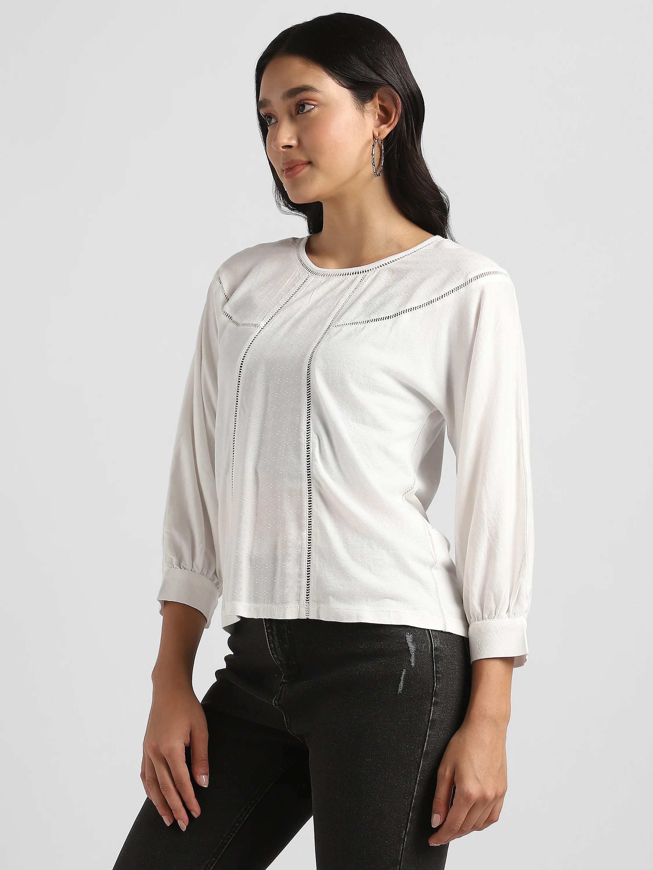 Women White Elegant Top with Balloon Sleeves and Lace Inserts - Image 5