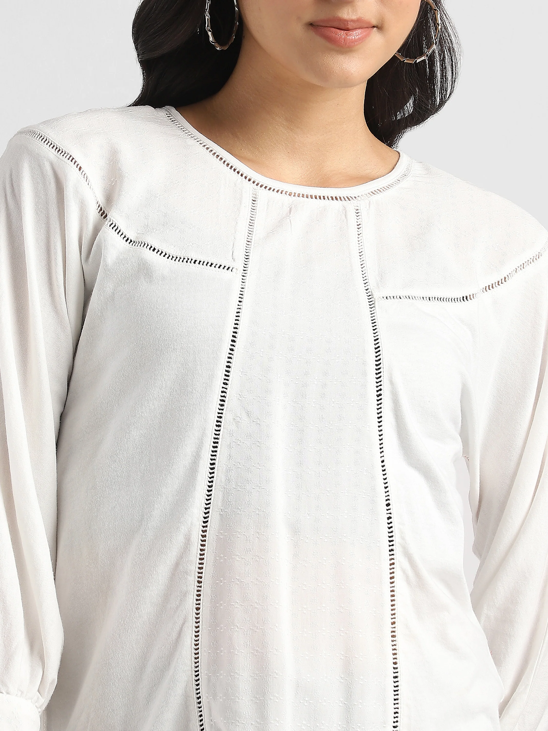 Women White Elegant Top with Balloon Sleeves and Lace Inserts - Image 6