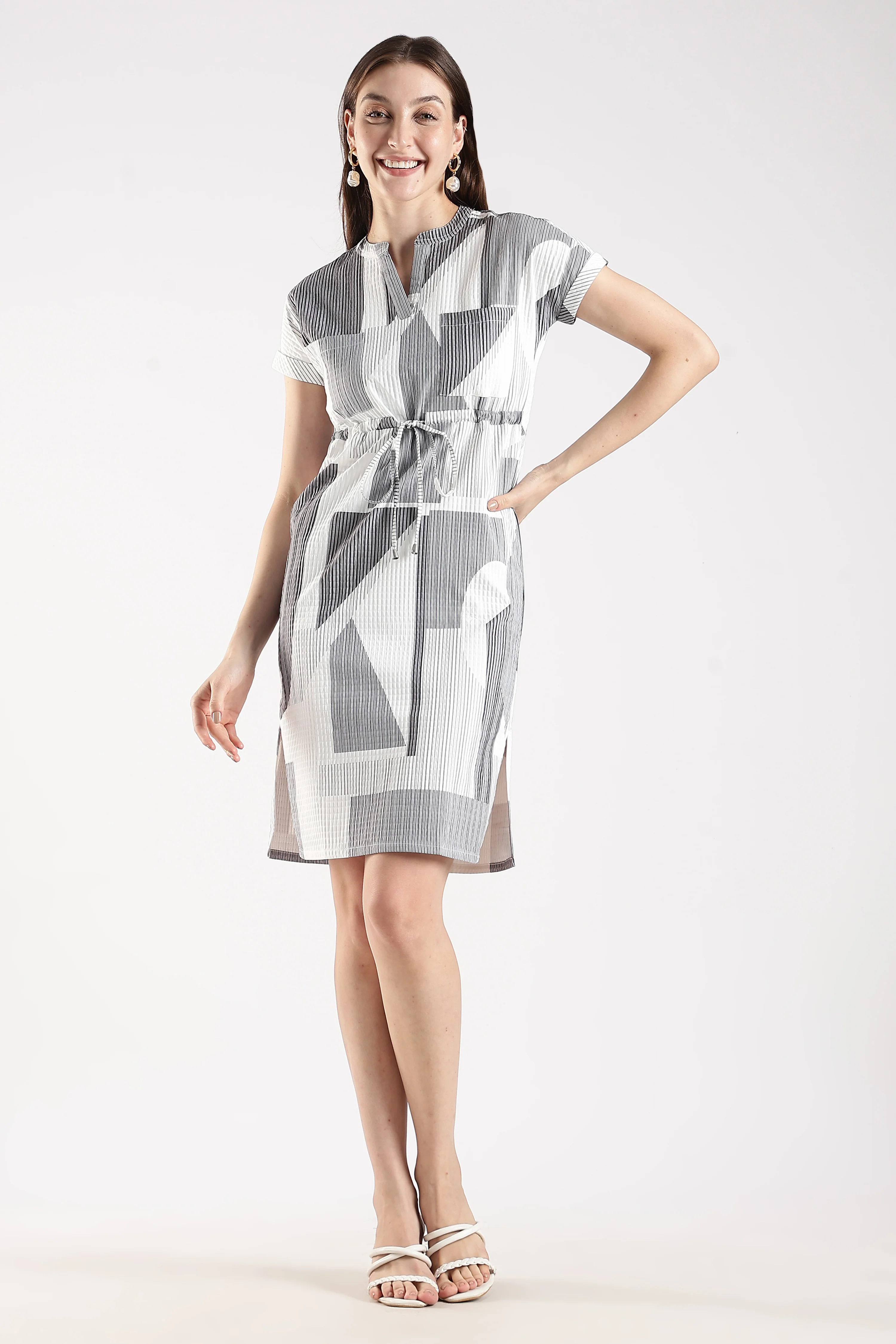 Women White Textured Dress With Drawstrings