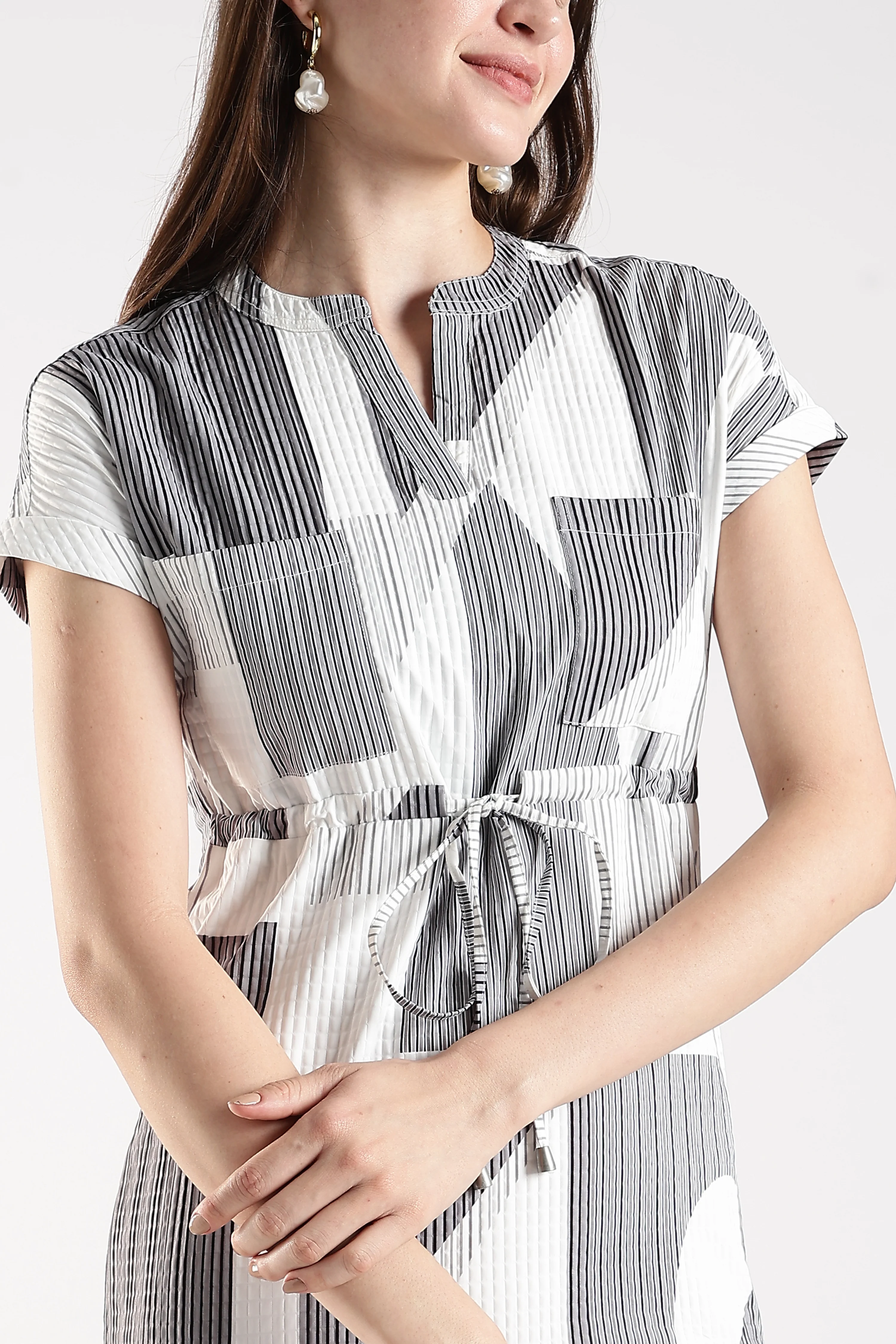 Women White Textured Dress With Drawstrings - Image 3