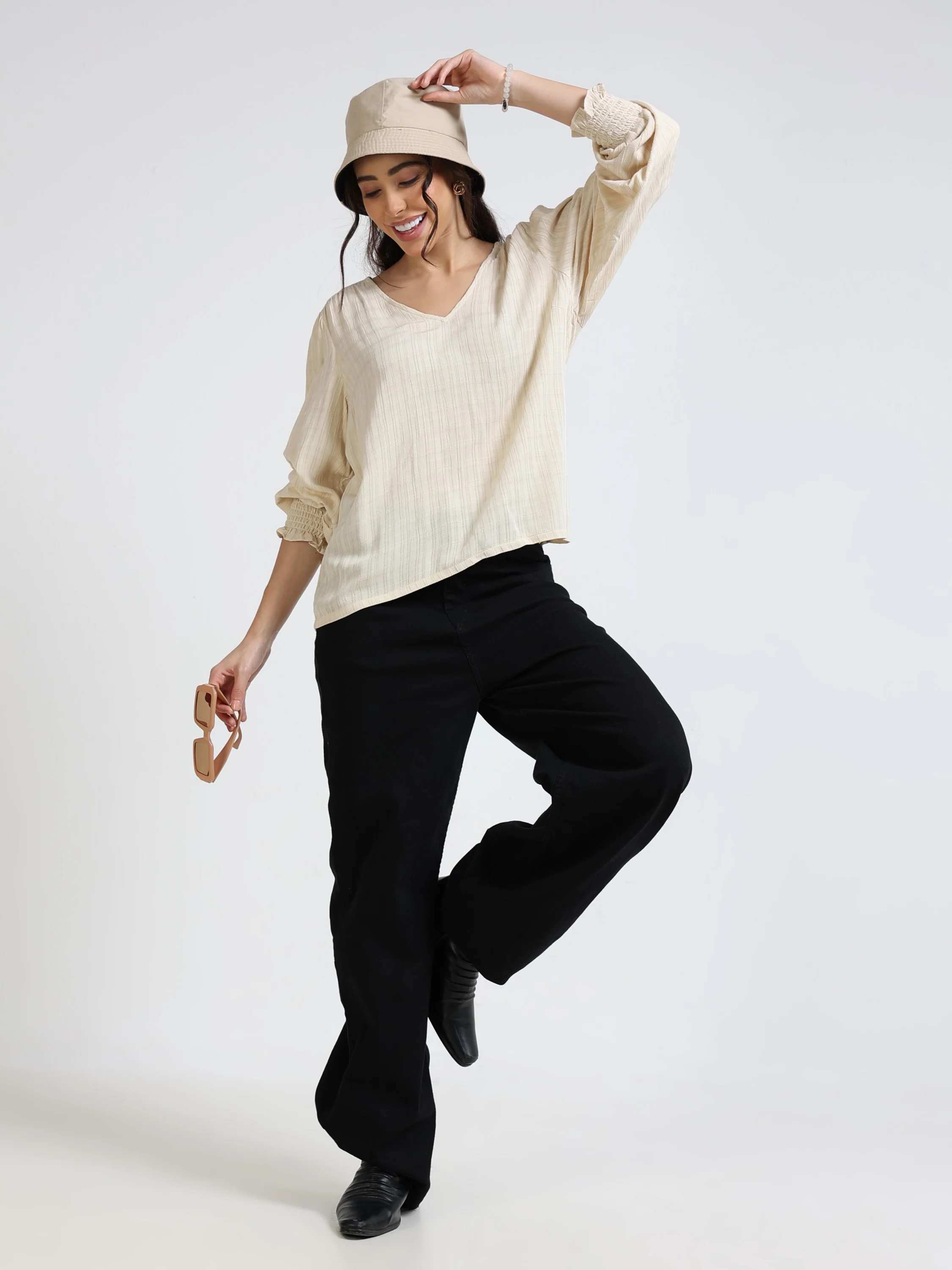 Women Beige Self Texture Top - Image 2