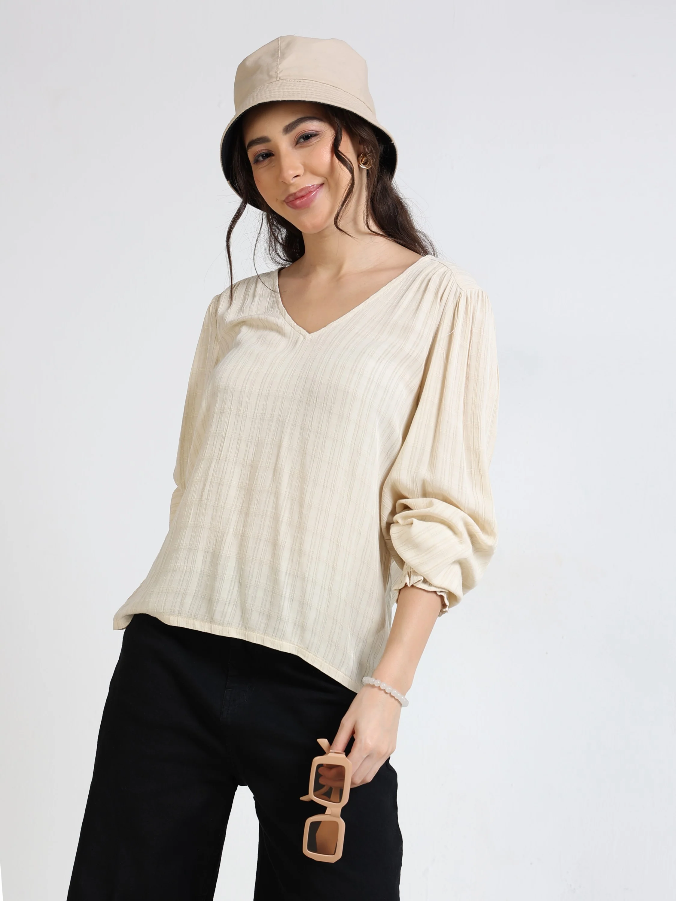 Women Beige Self Texture Top - Image 6