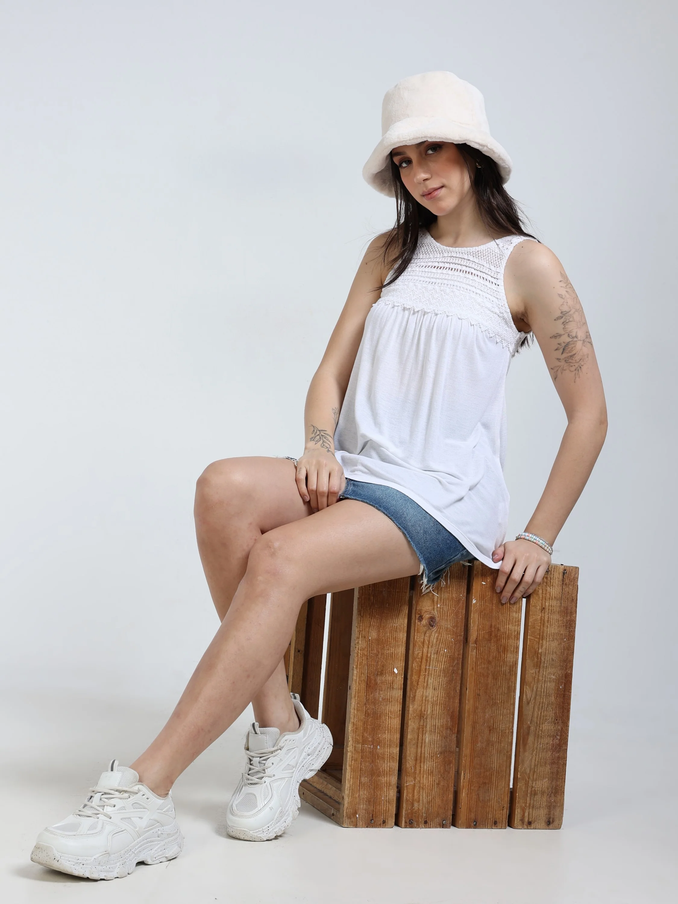 Women White Crochet Yoke Top - Image 2