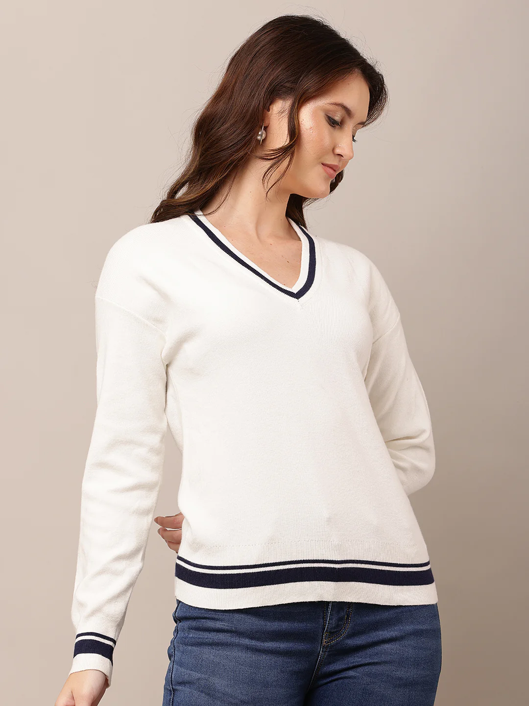 Women White V-Neck Full Sleeve Sweater - Image 2