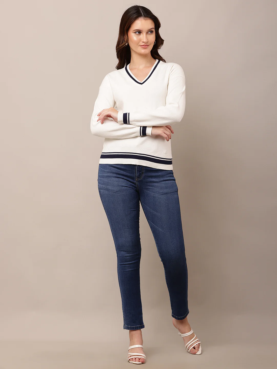 Women White V-Neck Full Sleeve Sweater - Image 3