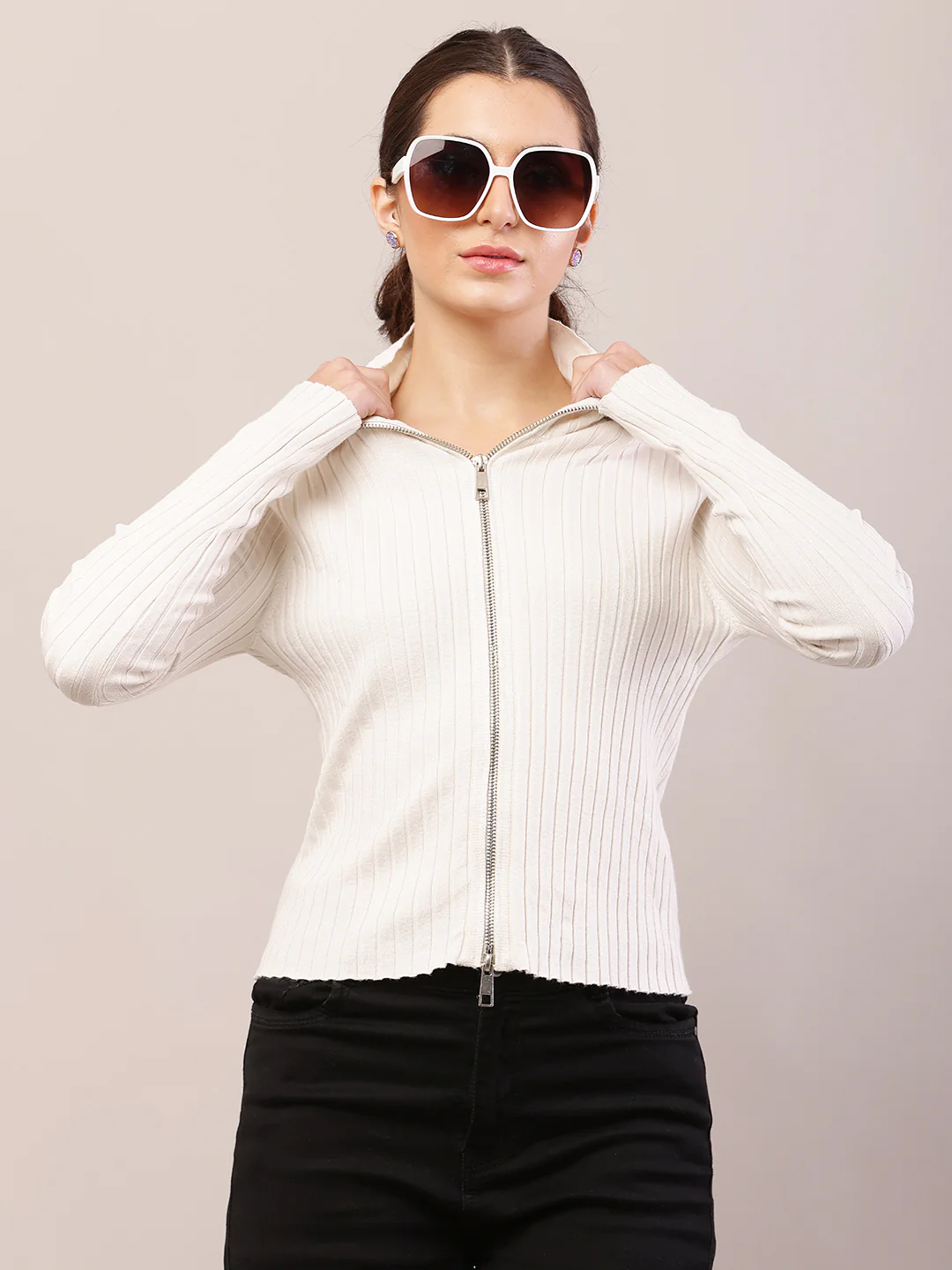 Women white viscose high-neck ribbed sweater - Image 2