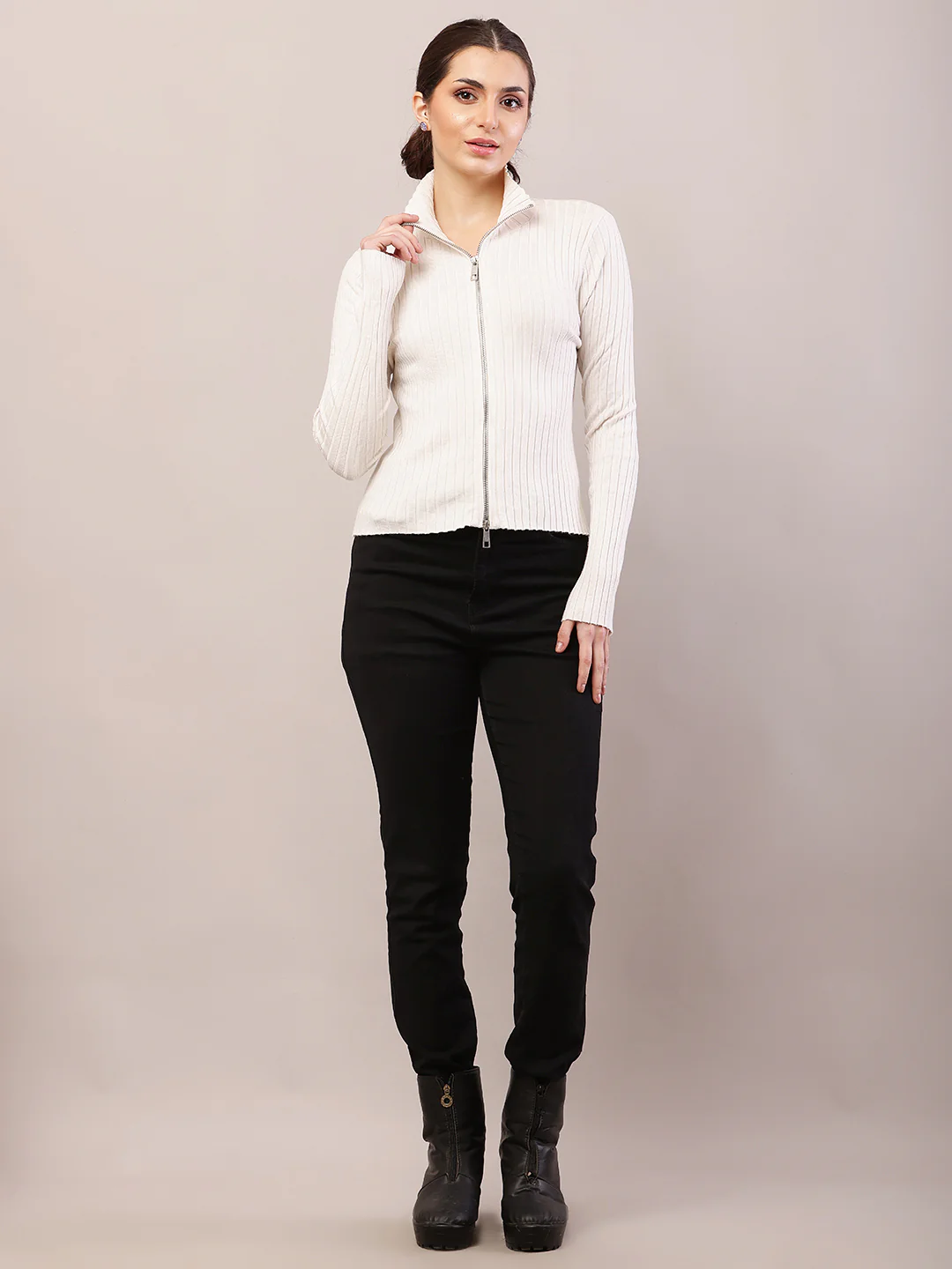 Women white viscose high-neck ribbed sweater - Image 3