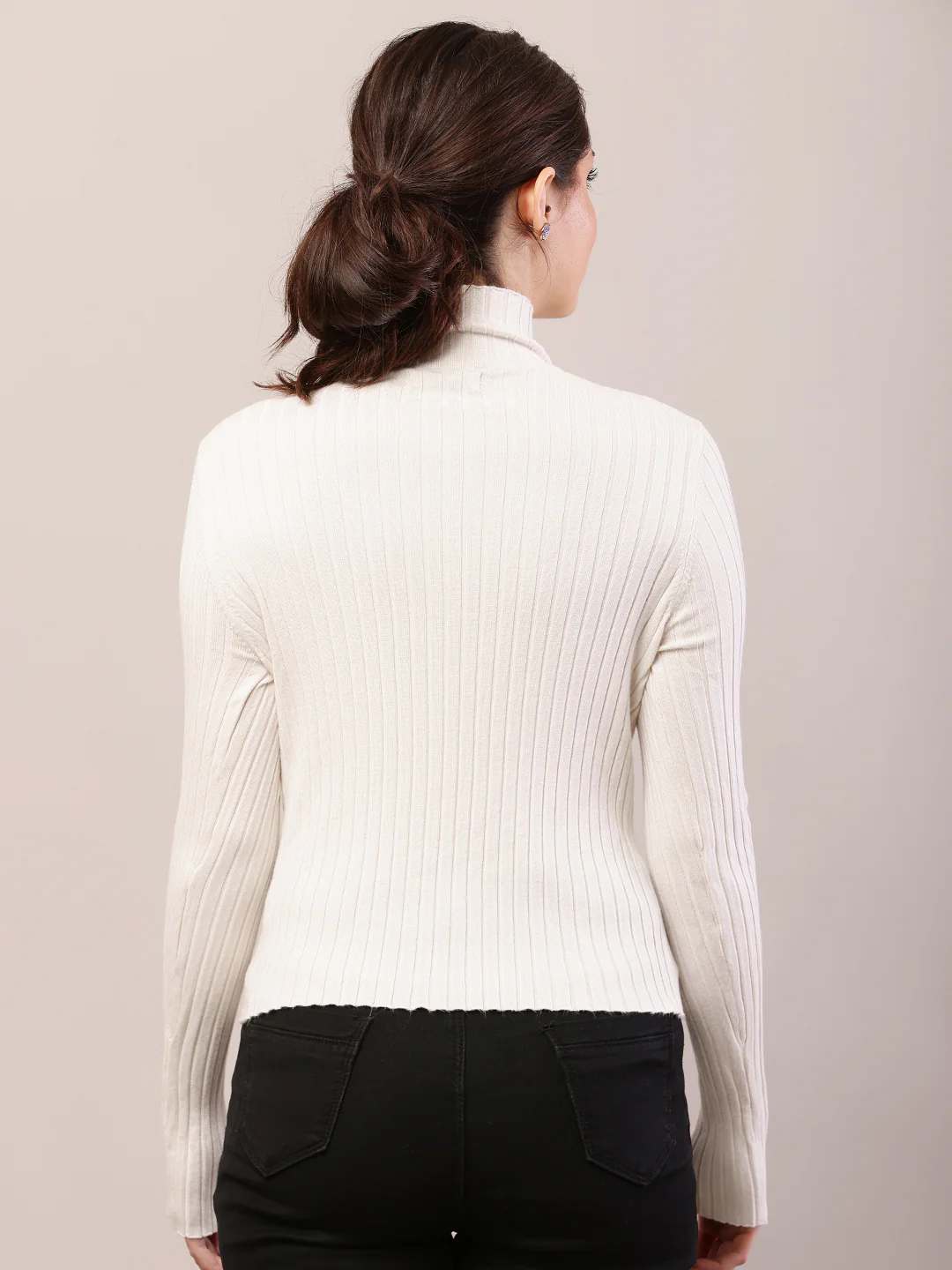 Women white viscose high-neck ribbed sweater - Image 4