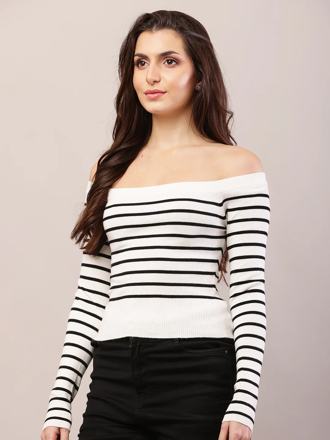 Women white viscose striped off-shoulder top. - Image 2
