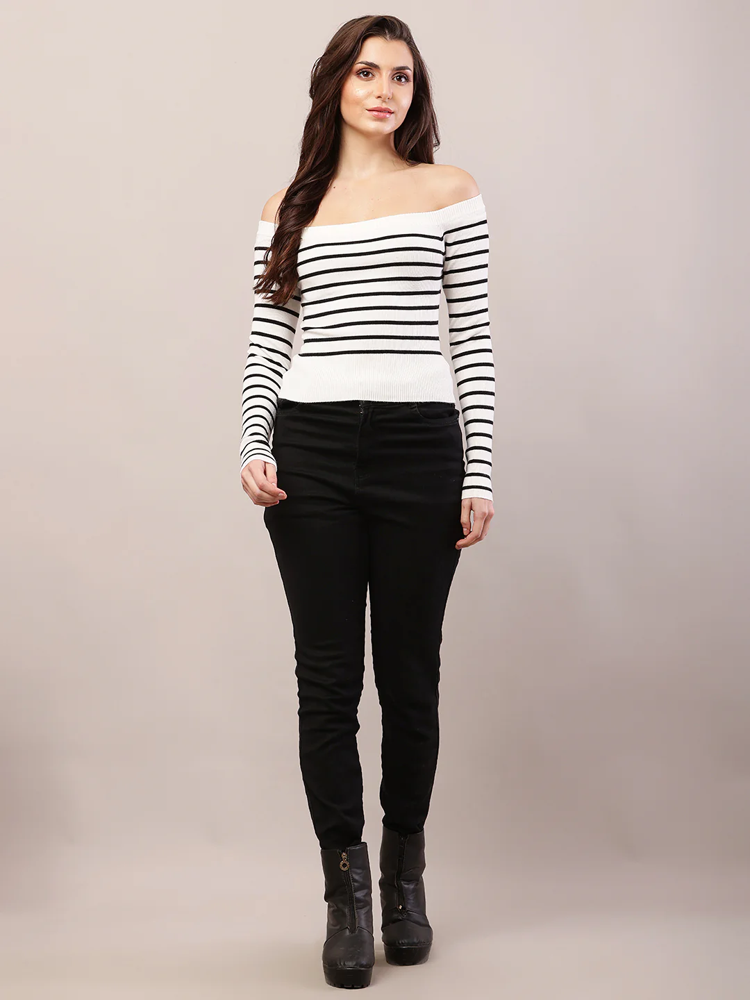 Women white viscose striped off-shoulder top. - Image 3