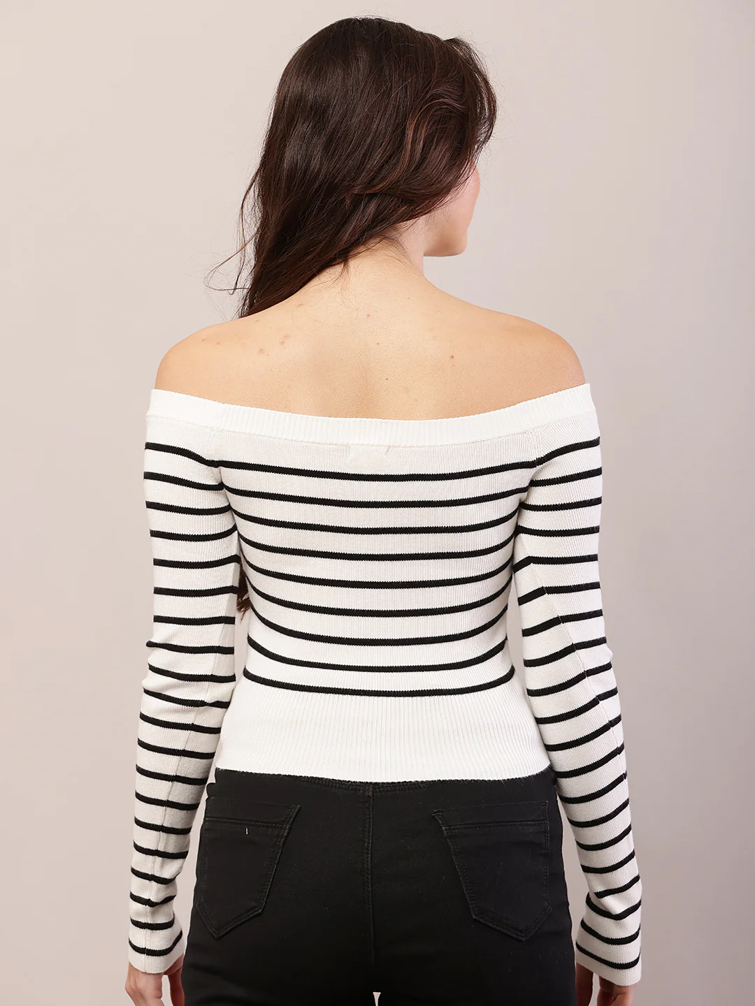 Women white viscose striped off-shoulder top. - Image 4