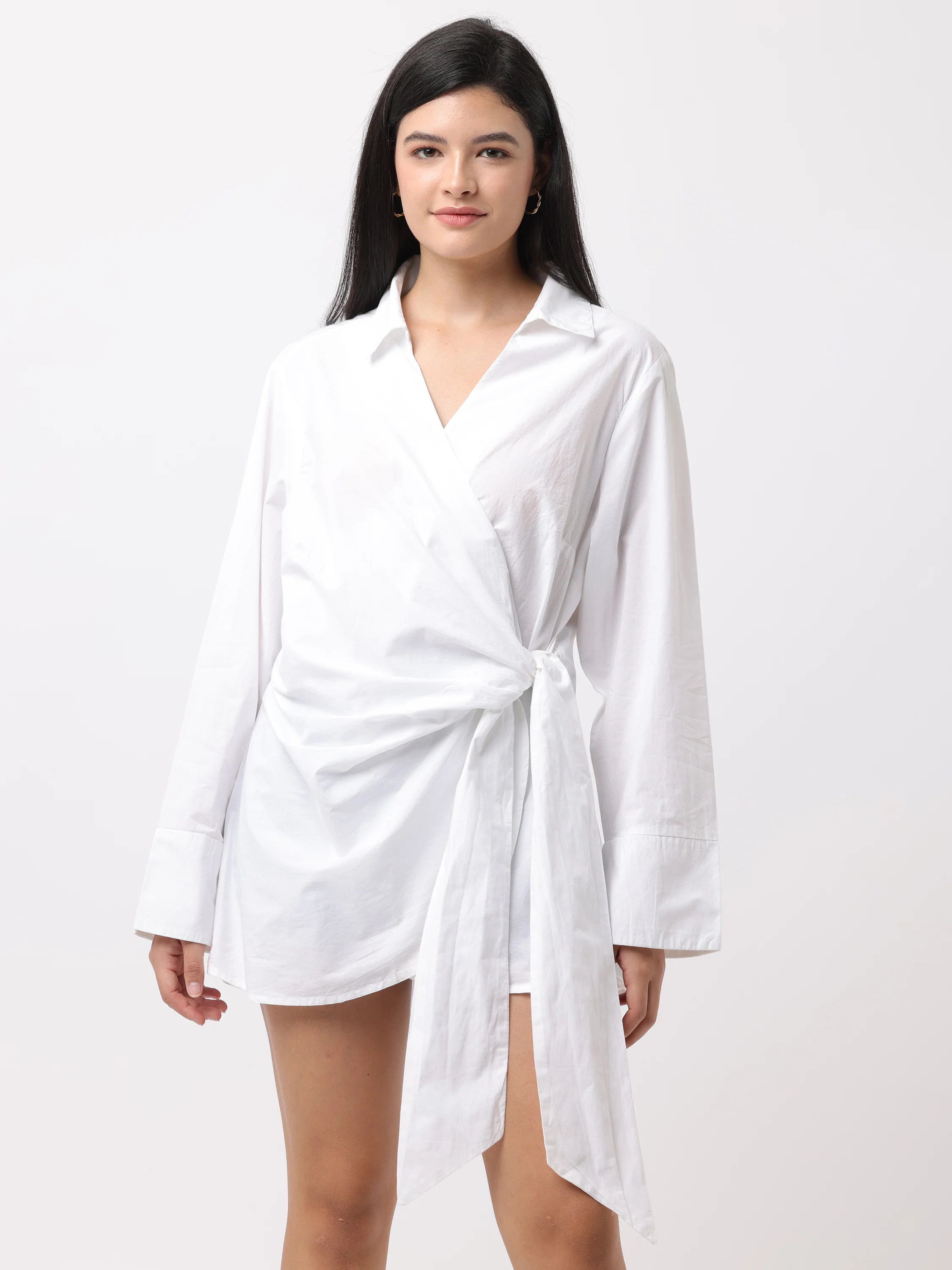 Women White Wrap Around Shirt Dress - Image 2