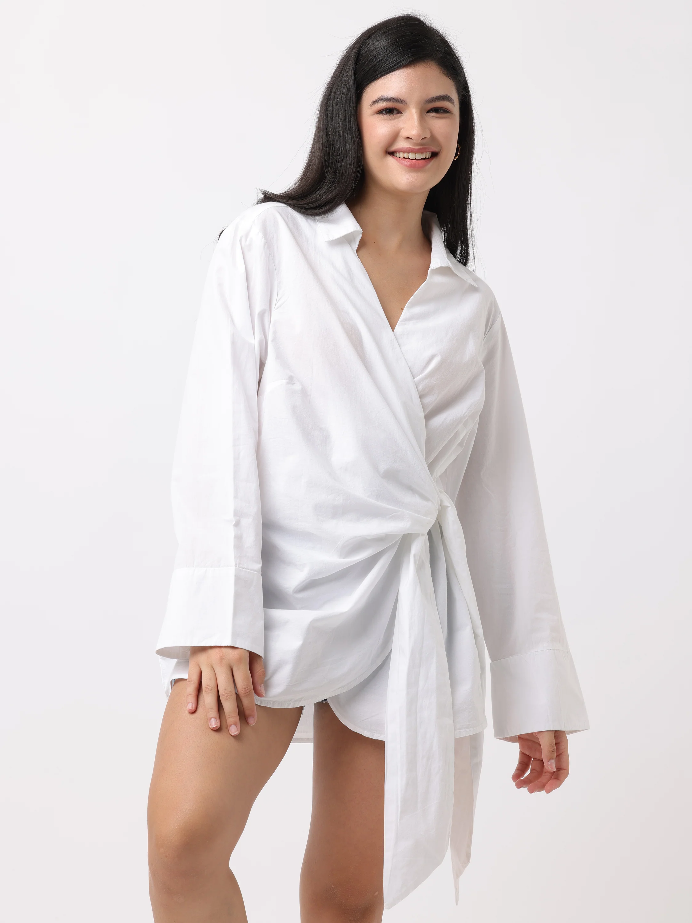 Women White Wrap Around Shirt Dress - Image 5