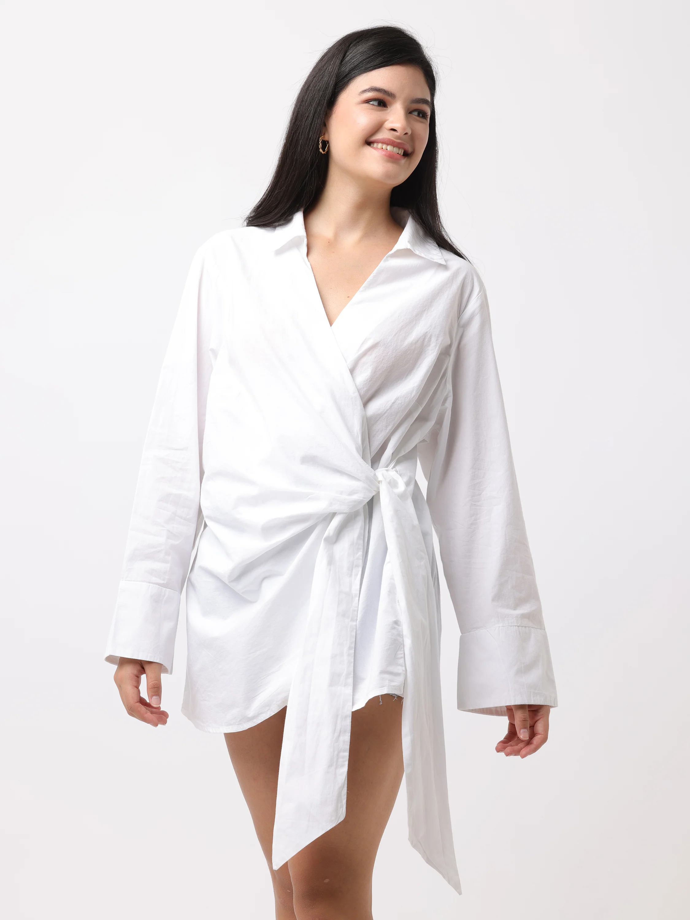 Women White Wrap Around Shirt Dress - Image 6