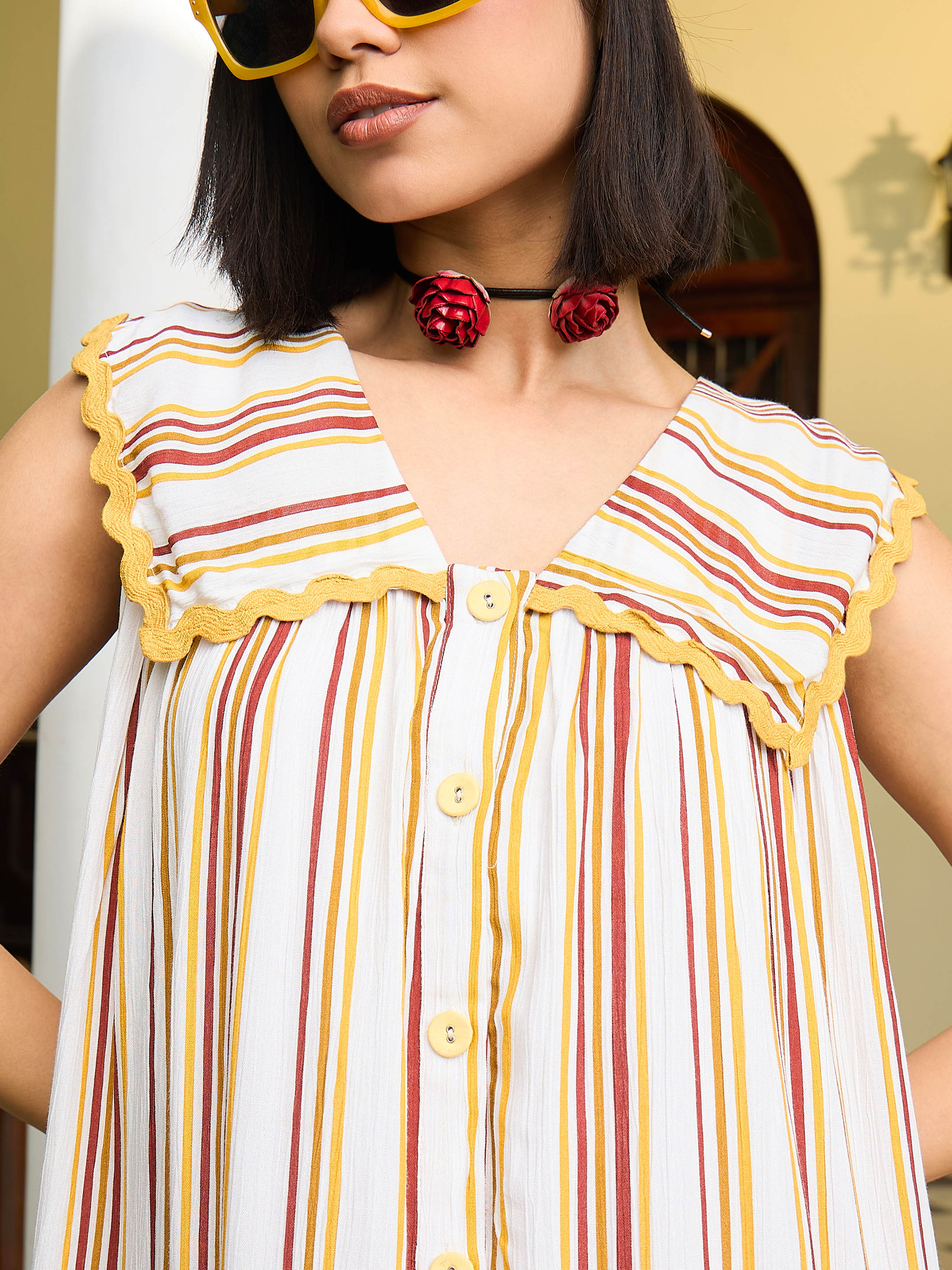 Women White & Yellow Stripes Button Down Short Dress - Image 5
