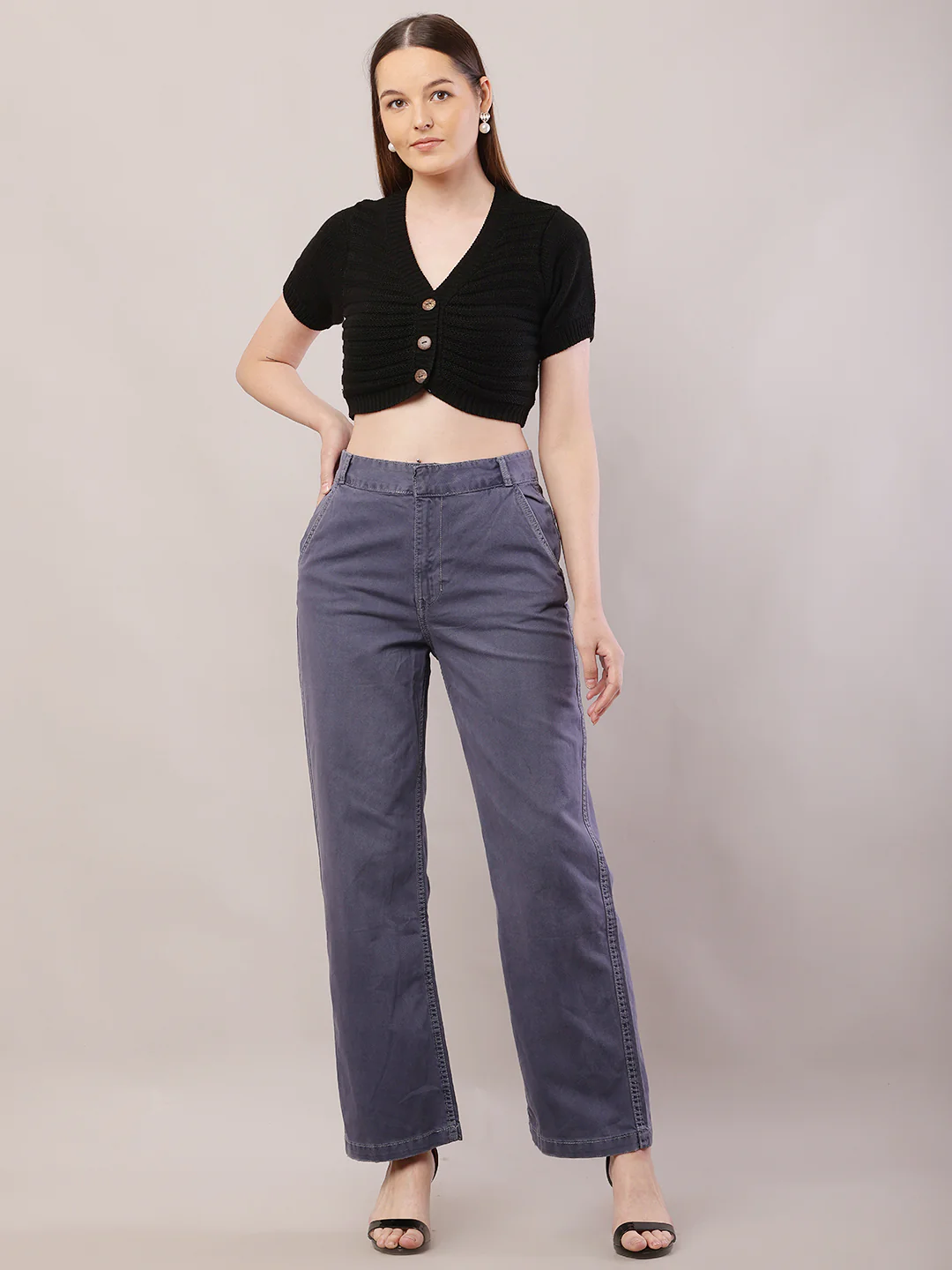 Women Wide Leg Grey Pant - Image 4