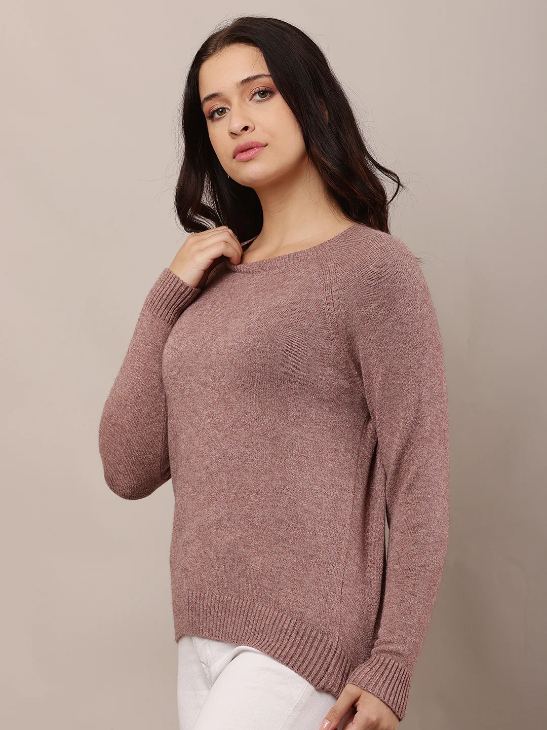 Women Wine Round Neck Sweater - Image 2