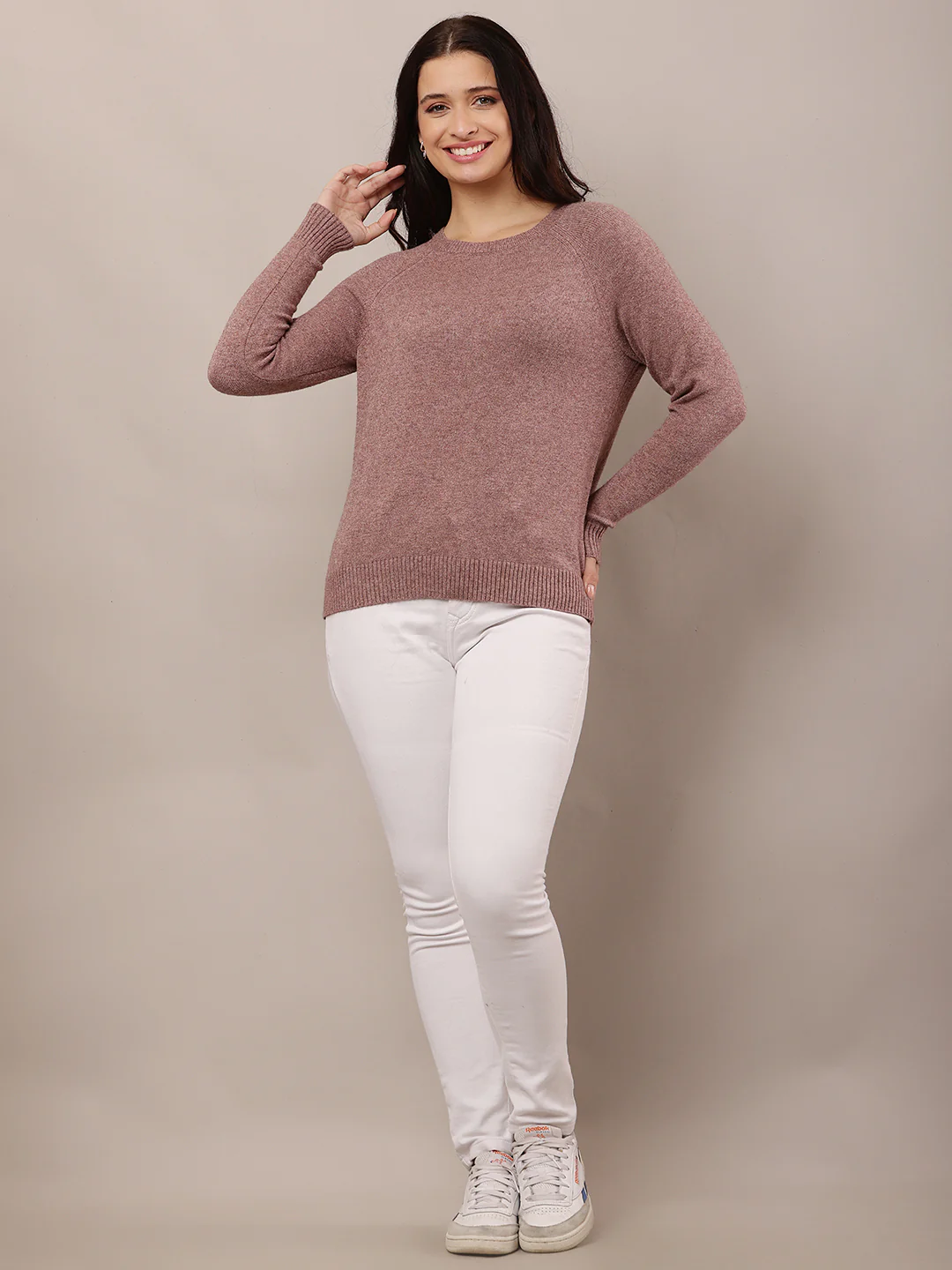 Women Wine Round Neck Sweater - Image 3