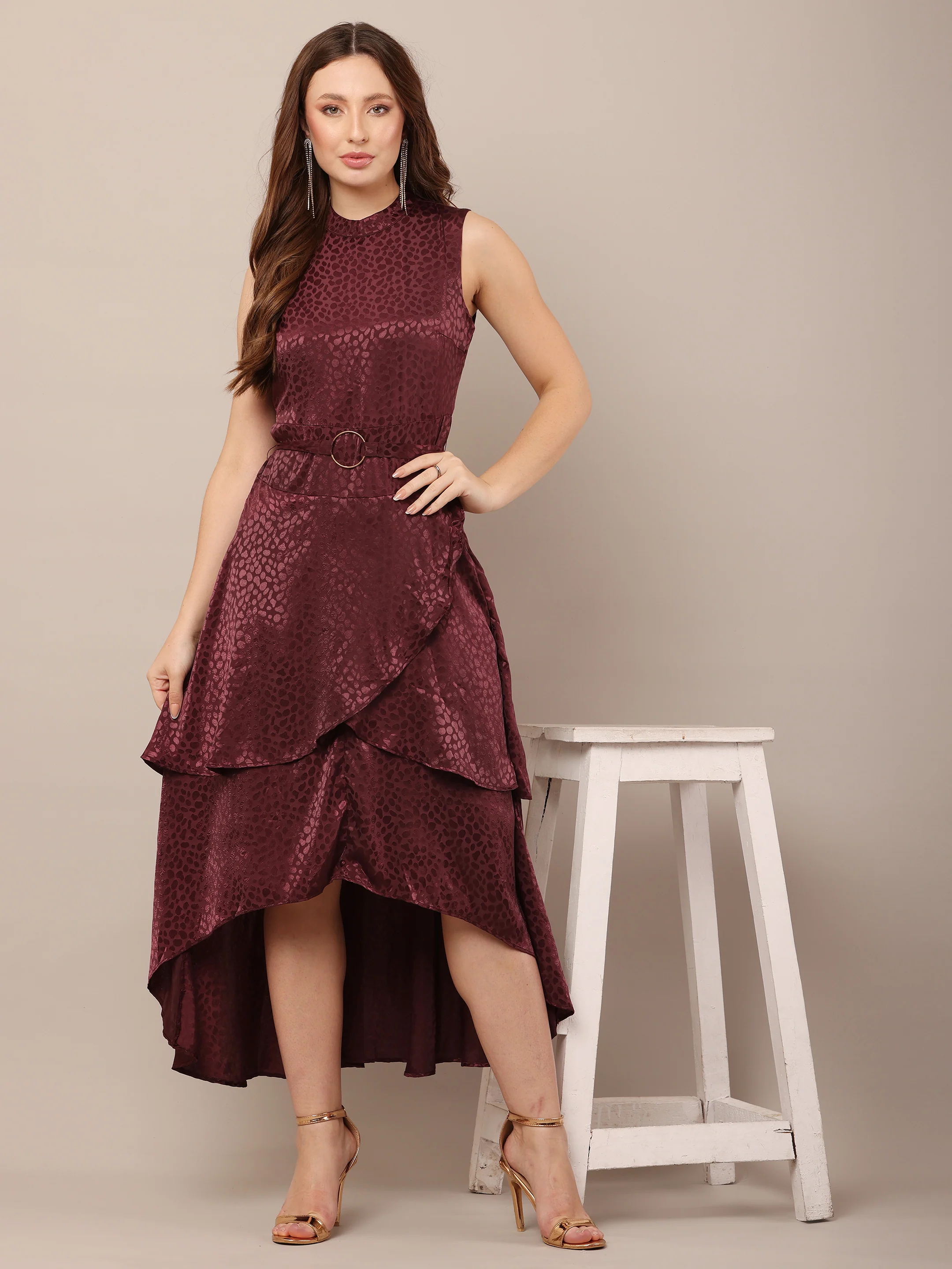 Women Wine Sleeveless Asymmetric Dress - Image 2