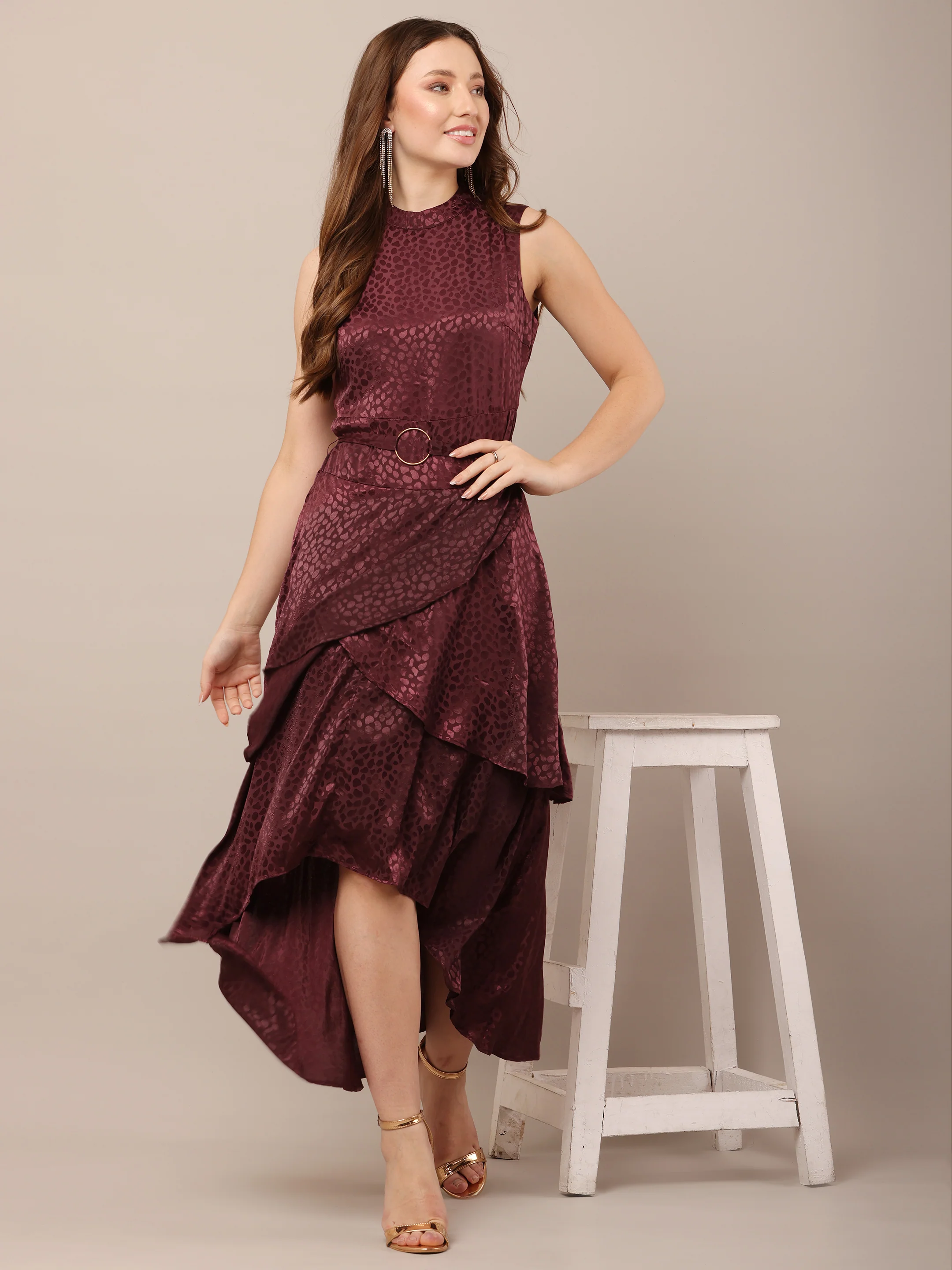 Women Wine Sleeveless Asymmetric Dress - Image 3