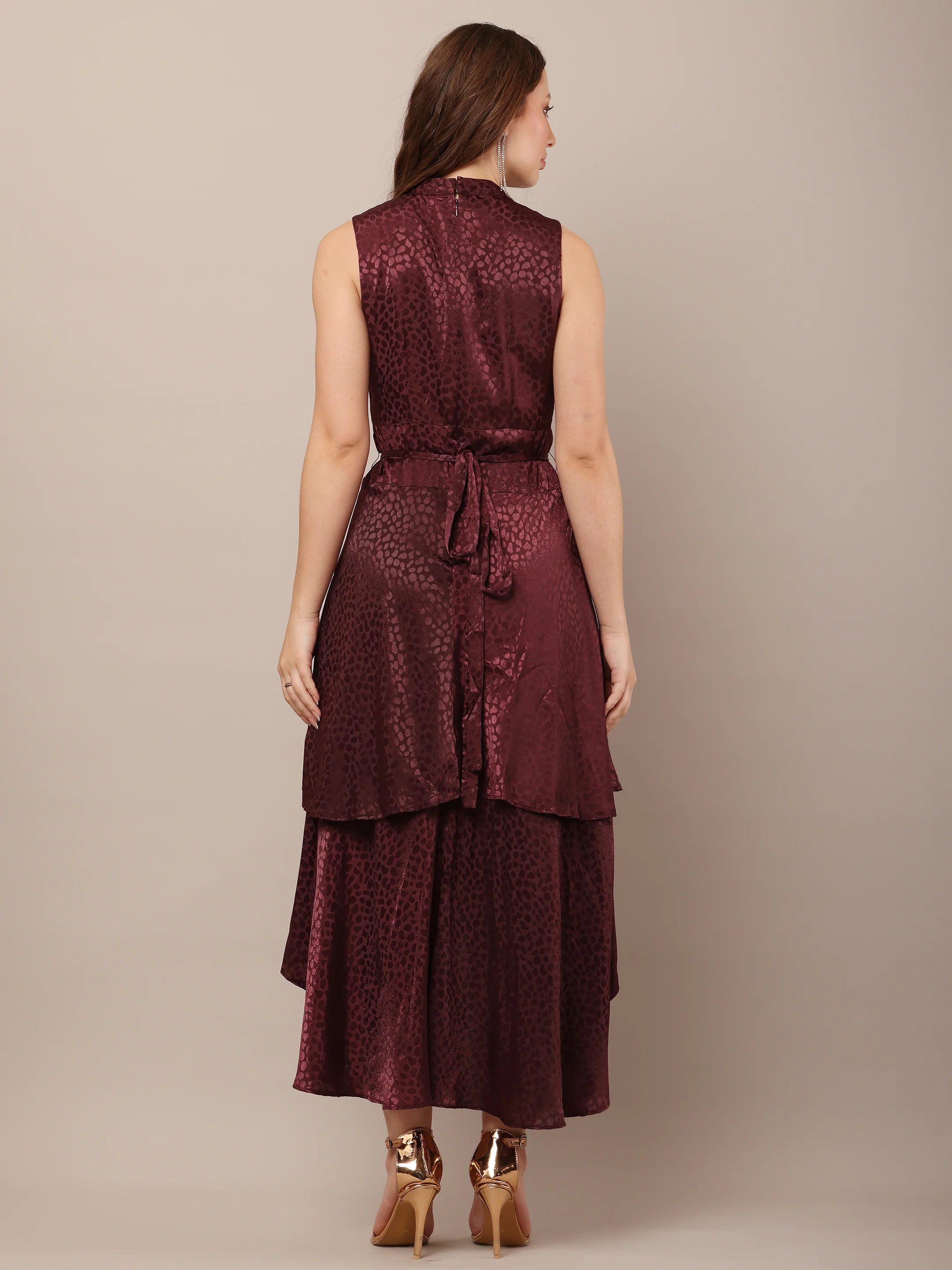 Women Wine Sleeveless Asymmetric Dress - Image 4