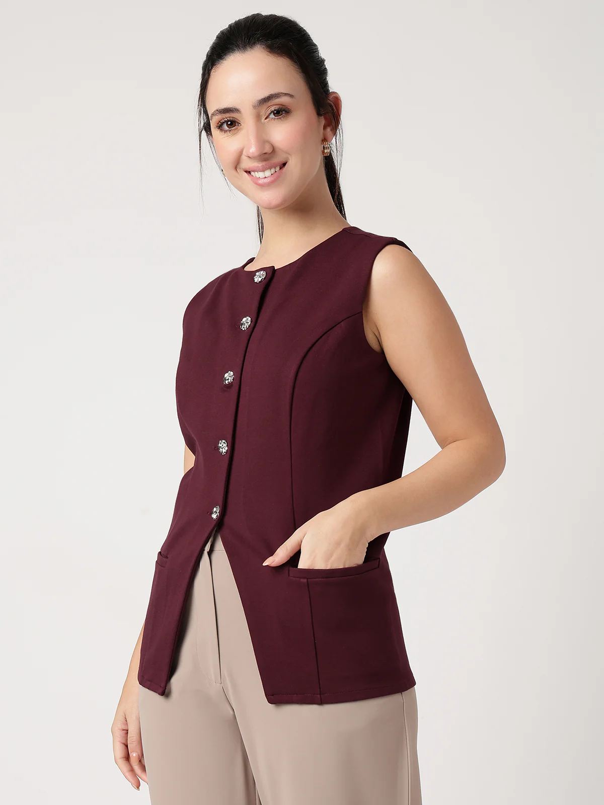Women Wine Solid Waistcoat - Image 3