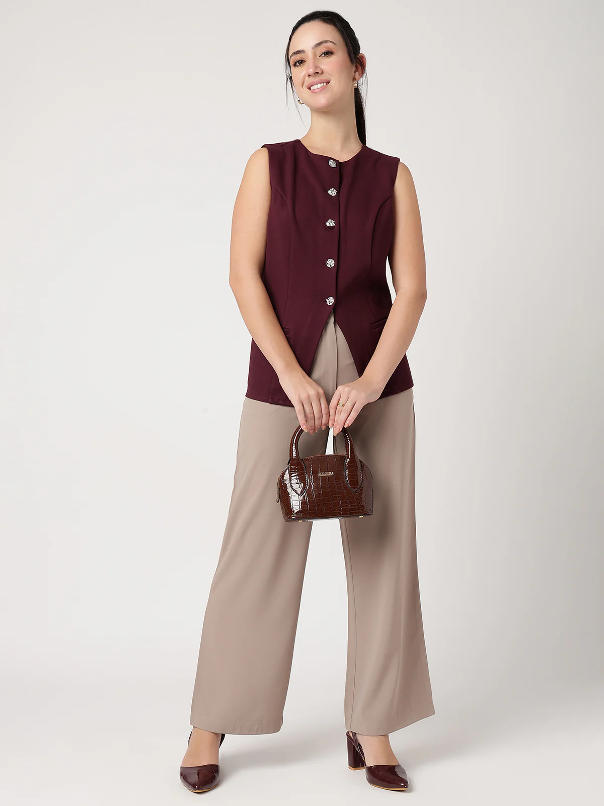 Women Wine Solid Waistcoat - Image 4