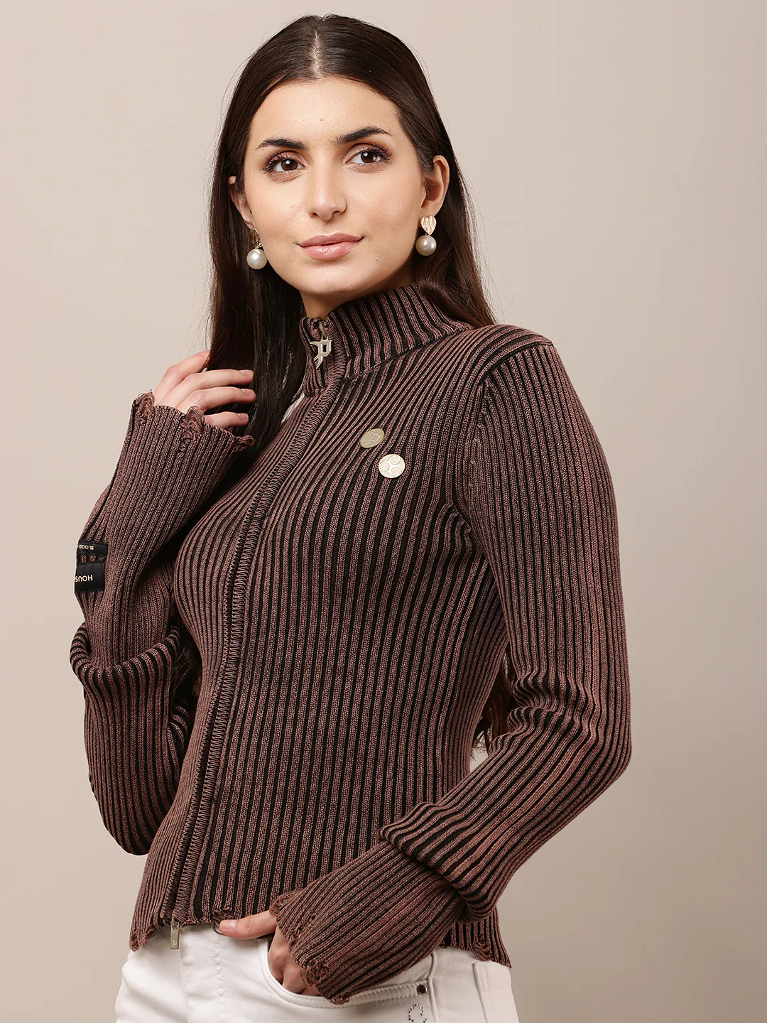 Women Wine Zip High Neck Prewinter Sweater - Image 2