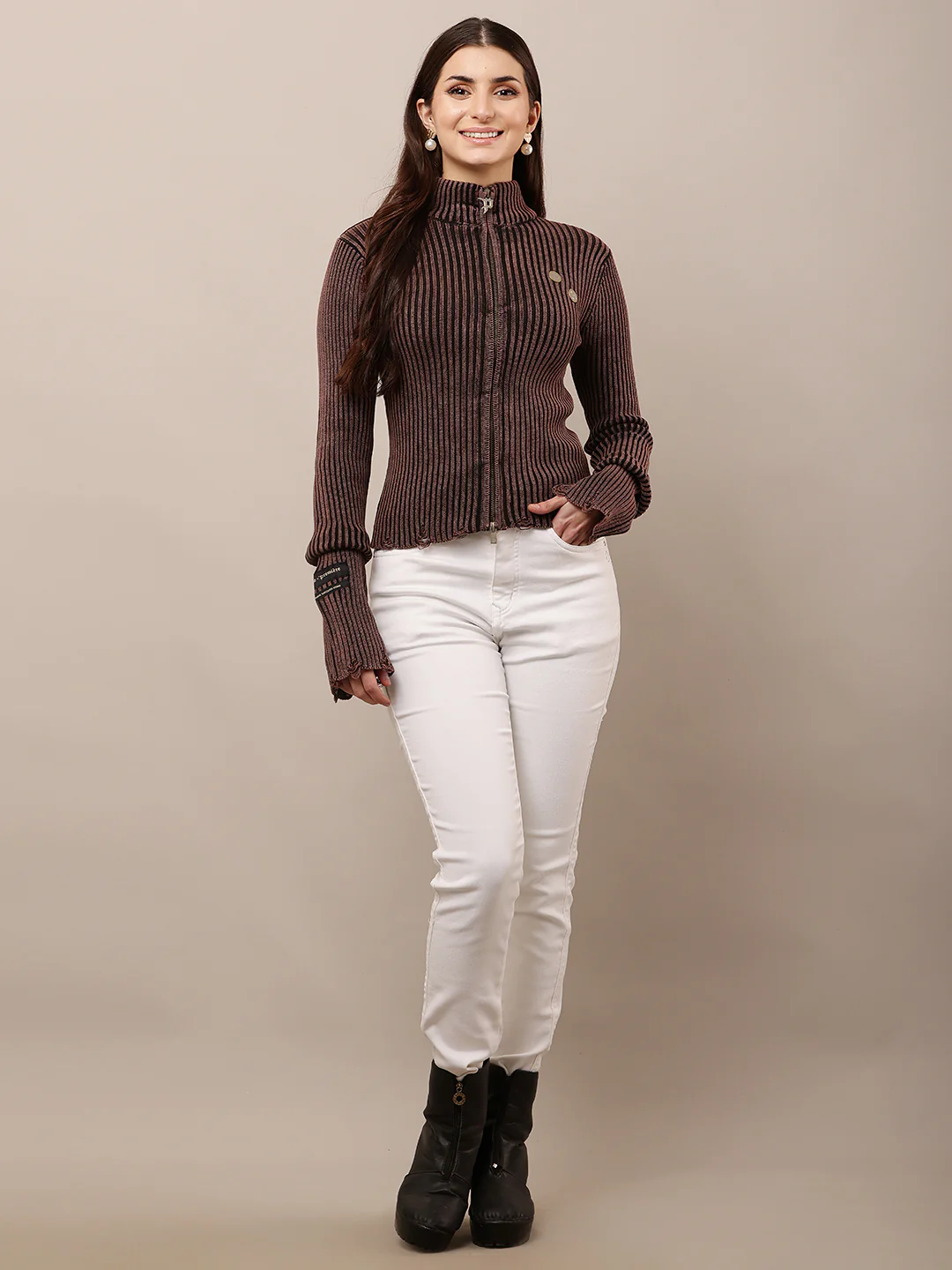 Women Wine Zip High Neck Prewinter Sweater - Image 3