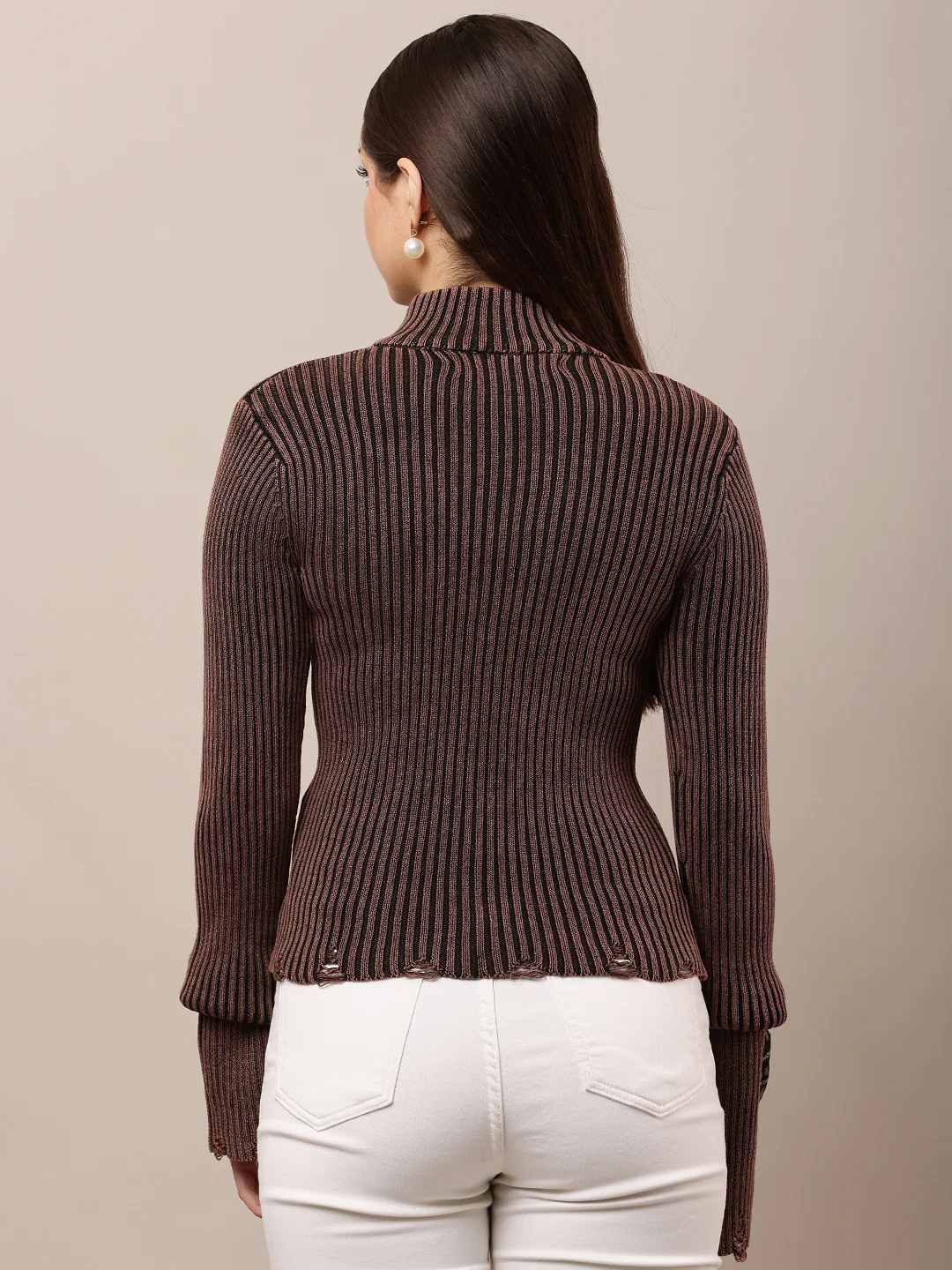 Women Wine Zip High Neck Prewinter Sweater - Image 4