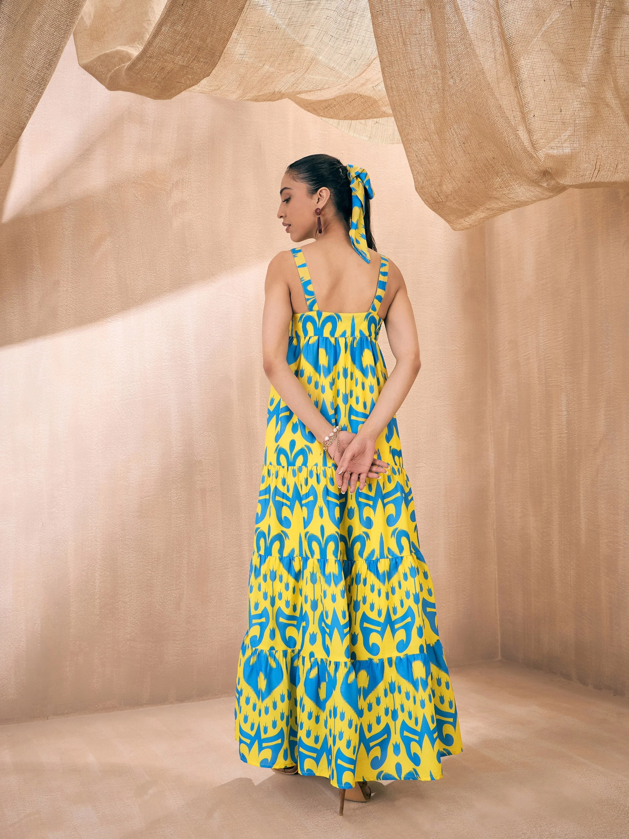 Women Yellow & Blue Ikat Loose Fit Strappy Tiered Maxi - Image 2