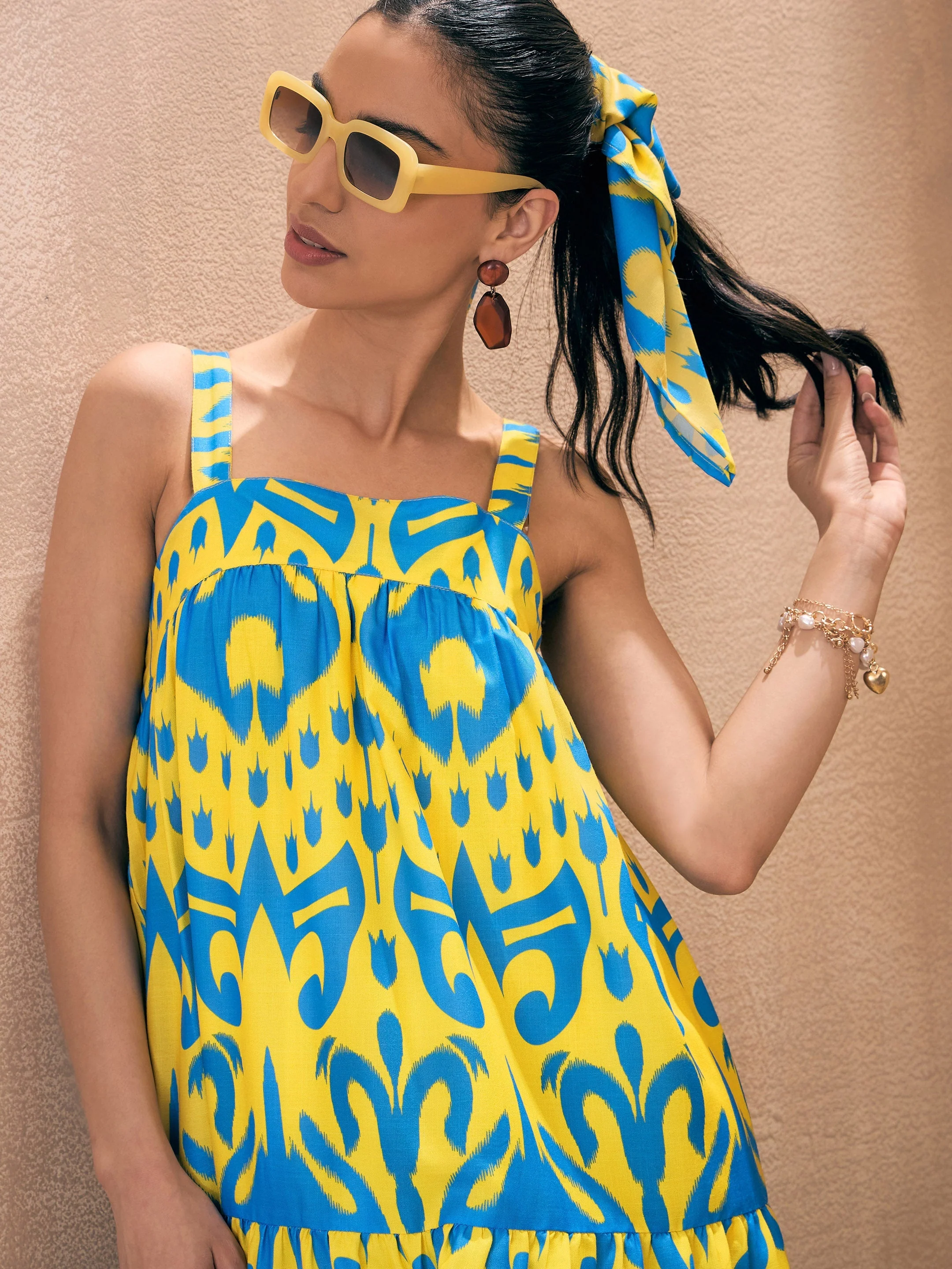 Women Yellow & Blue Ikat Loose Fit Strappy Tiered Maxi - Image 3