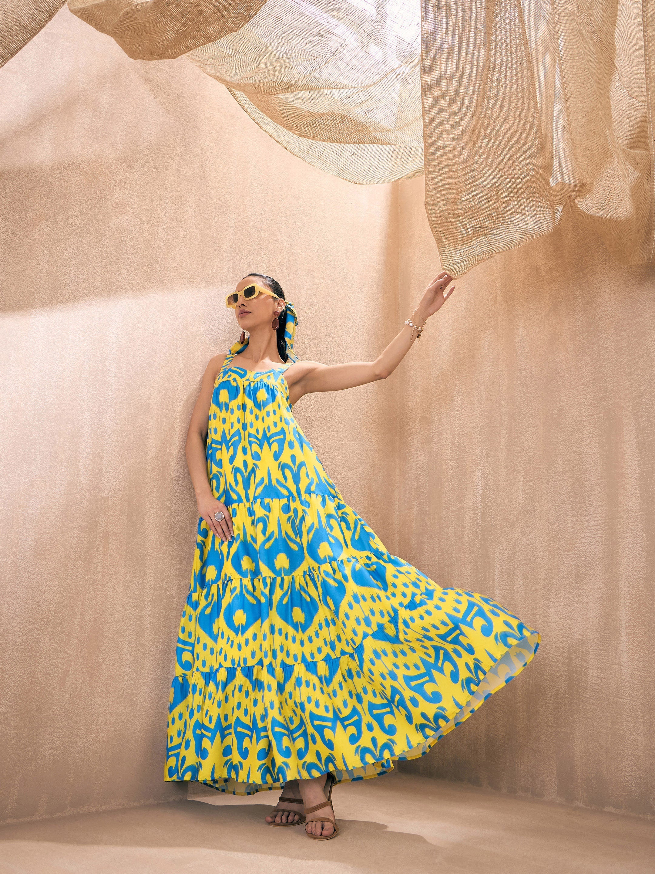 Women Yellow & Blue Ikat Loose Fit Strappy Tiered Maxi - Image 4