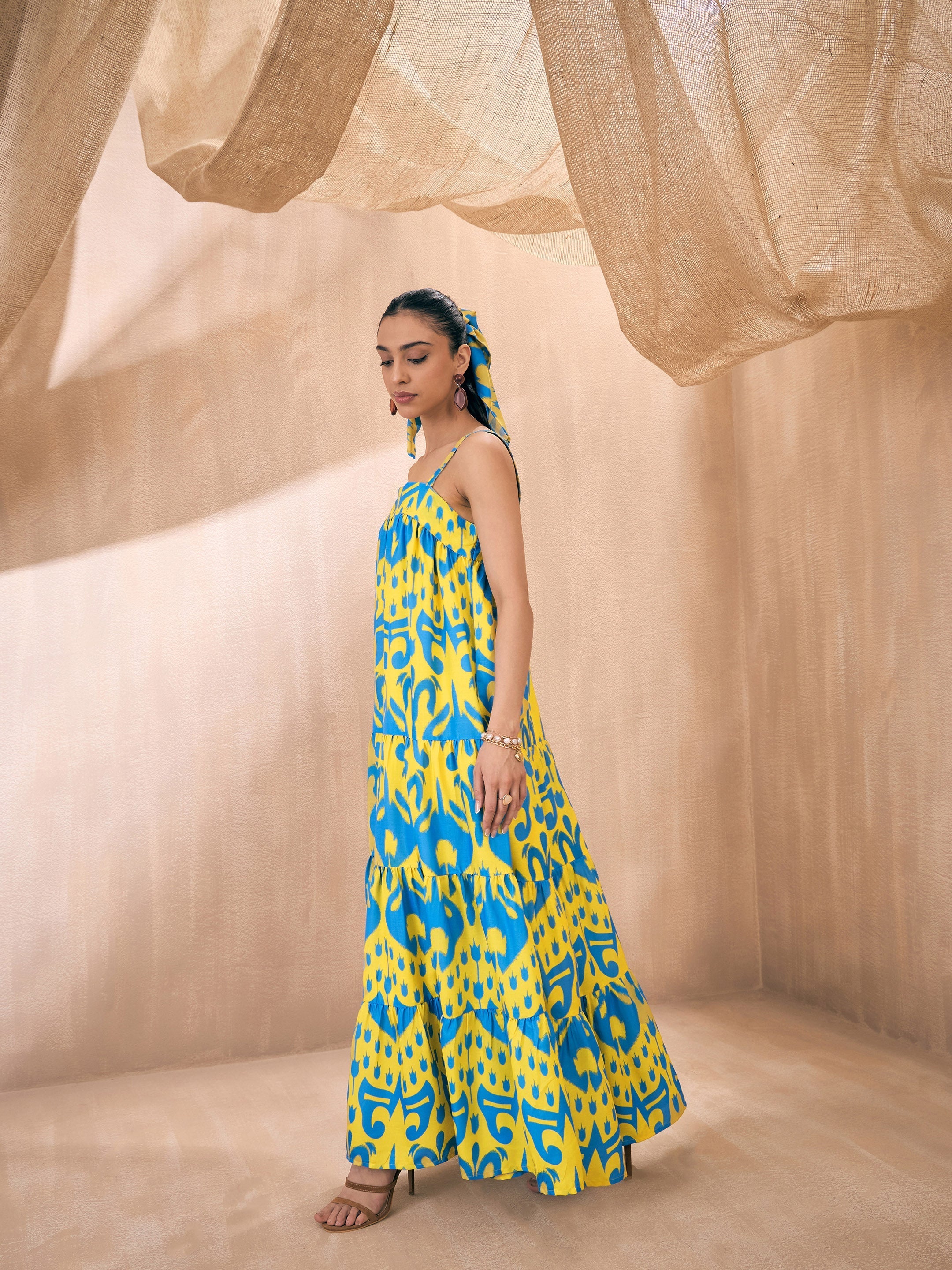 Women Yellow & Blue Ikat Loose Fit Strappy Tiered Maxi - Image 5