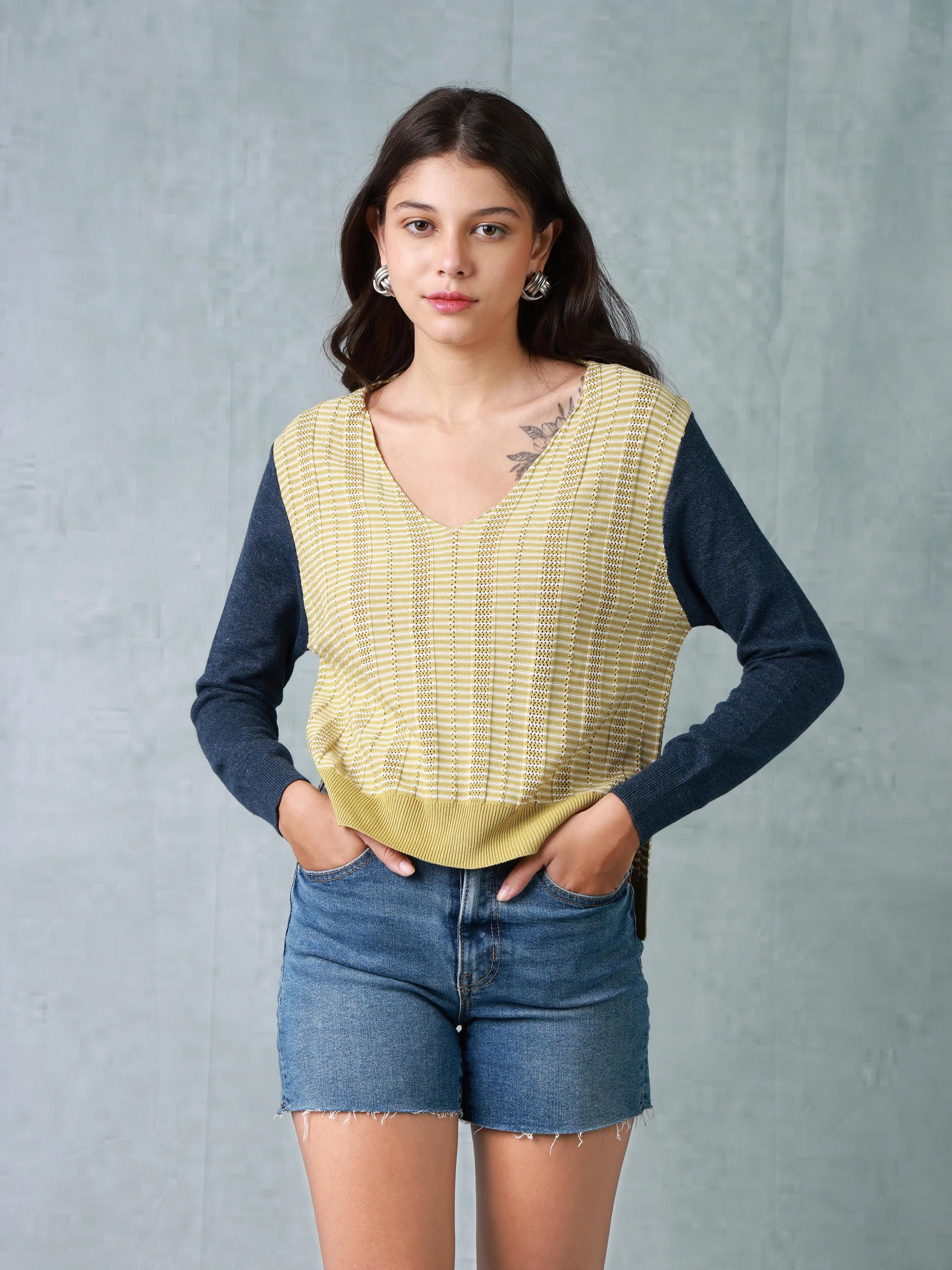 Women Yellow & Blue Regular Fit Knitted Top - Image 2